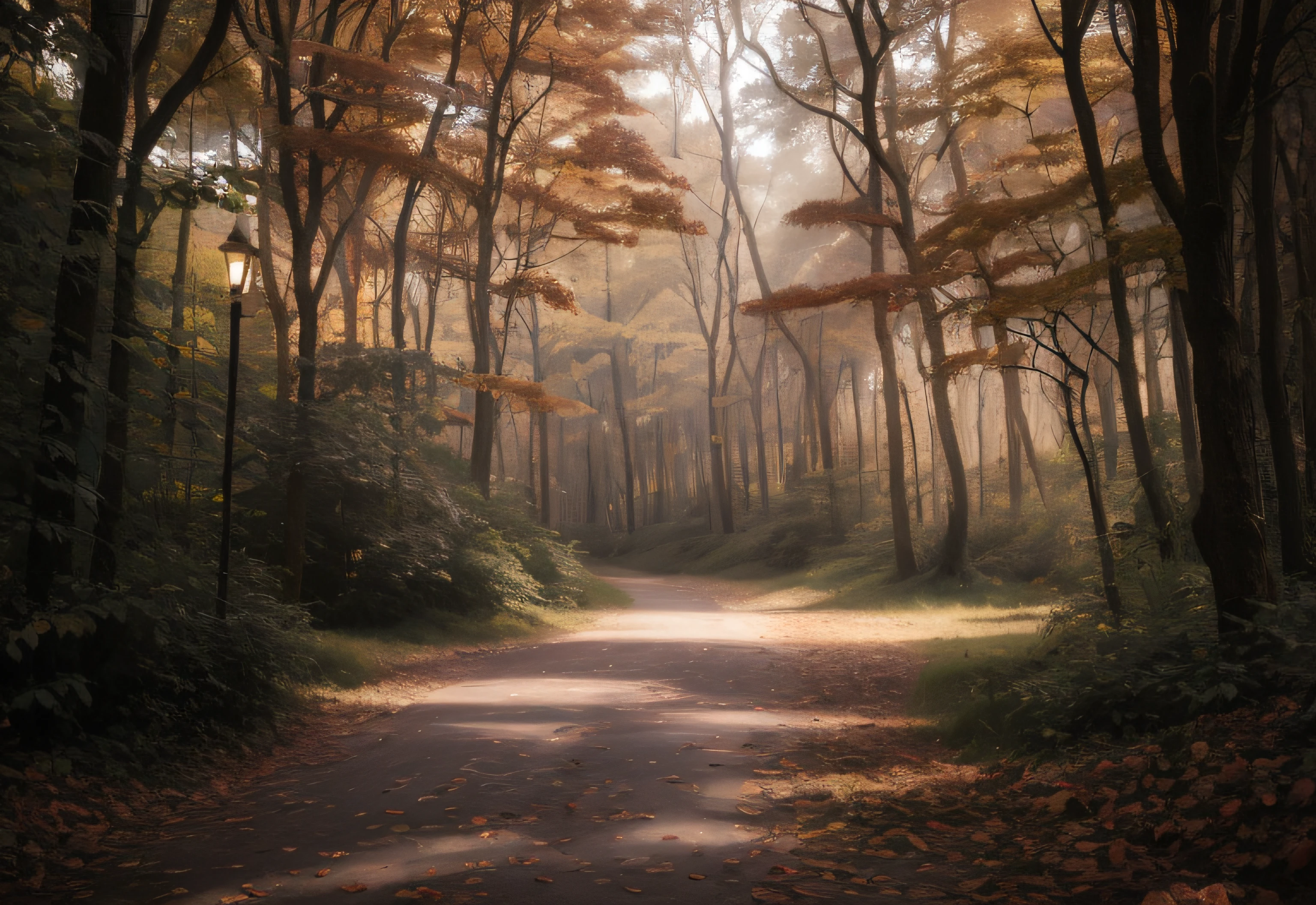 there is a dirt road in the middle of a forest, fairytale forest, a beautiful pathway in a forest, dreamy scene, in the autumn forest, magical forest, dreamy atmosphere, photography of enchanted forest, melancholy autumn light, autumn light, soft autumn sunlight, autumn forest, beautiful forest, magical forest backround, forest scenery, enchanted and magic forest, dreamy light
