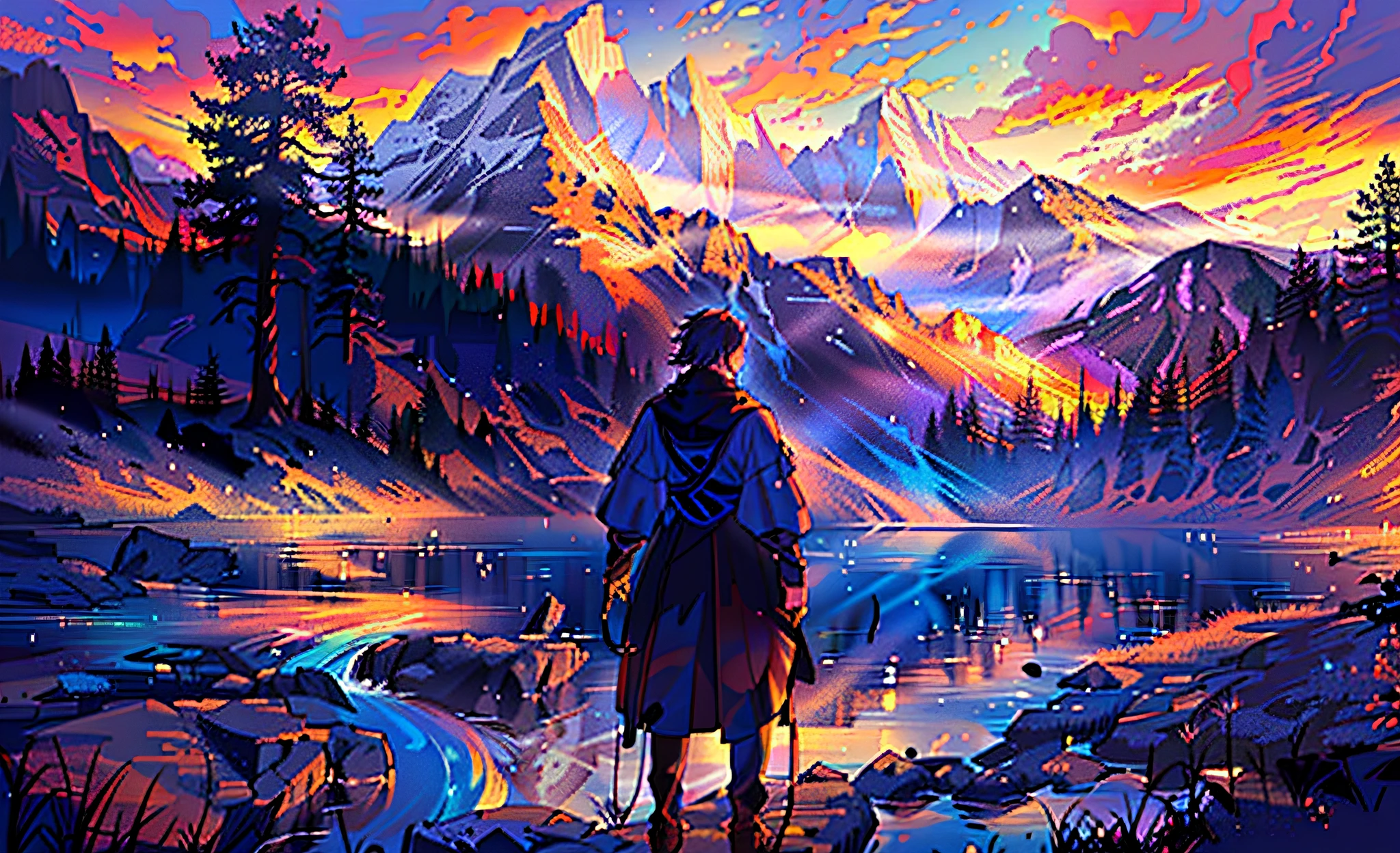 there is a man standing in front of a mountain with a lake, Makoto Shinkai Cyril Rolando, inspirado por Andreas Rocha, Andreas Rocha Estilo, Arte digital 4K altamente detallado, Anime Art Wallpaper 4K, Anime Art Wallpaper 4K, Arte digital detallado 4K, Pintado por Andreas Rocha, inspirado por Cyril Rolando, Anime Art Wallpaper 8K