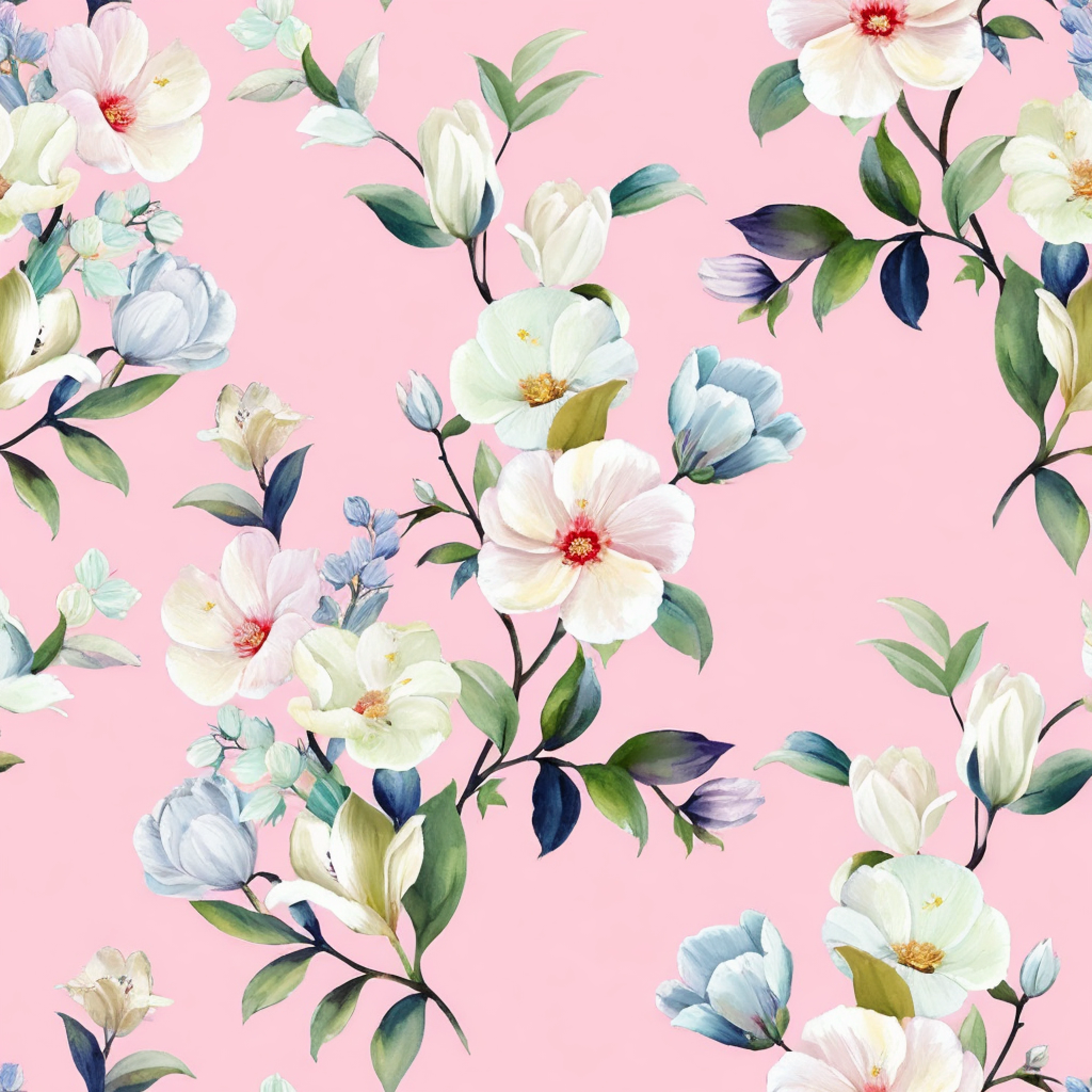 there is a pink background with white flowers and green leaves, floral pattern, seamless pattern design, floral wallpaper, floral flowers colorful, garden flowers pattern, delicate garden on paper, seamless fabric pattern 8k, pastel flowery background, magnolia, flowers and blossoms, floral motives, ornate floral, floral renewal, flowery wallpaper, blooming flowers, patchy flowers 8k, 16k, 32k