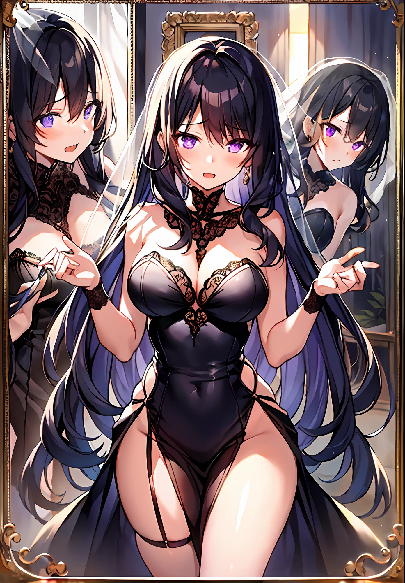 (masterpiece, reflections, atmospheric lighting, dynamic lighting), best quality, 1girl, perfect figure, perfect body, perfect face, black hair, long luscious curly hair, purple eyes, glowing void eyes, delicate fingers, blushing, shy, embarrassed, lewd, open mouth, black crown, jewel crown, black dress, strapless dress, slit leg dress, wedding dress, evening dress, lingerie dress, black high heels