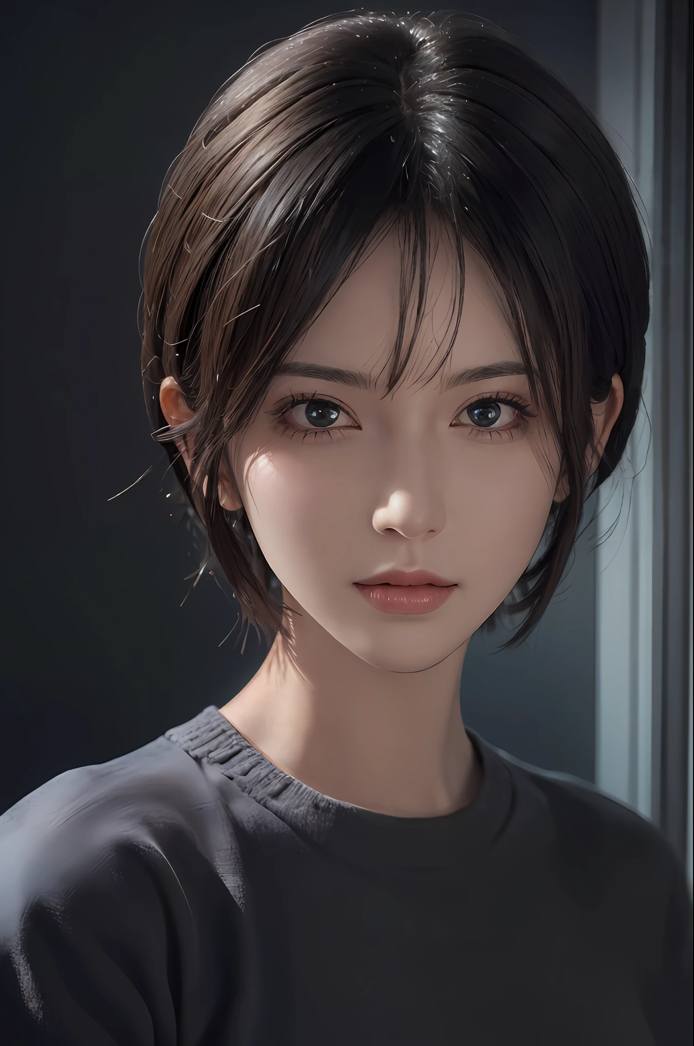 (masterpiece:1.3), (8k, photorealistic, RAW photo, best quality: 1.4), (1girl), beautiful face, (realistic face), (black hair, short hair:1.3), beautiful hairstyle, realistic eyes, beautiful detailed eyes, (realistic skin), beautiful skin, (sweater), absurdres, attractive, ultra high res, ultra realistic, highly detailed, golden ratio