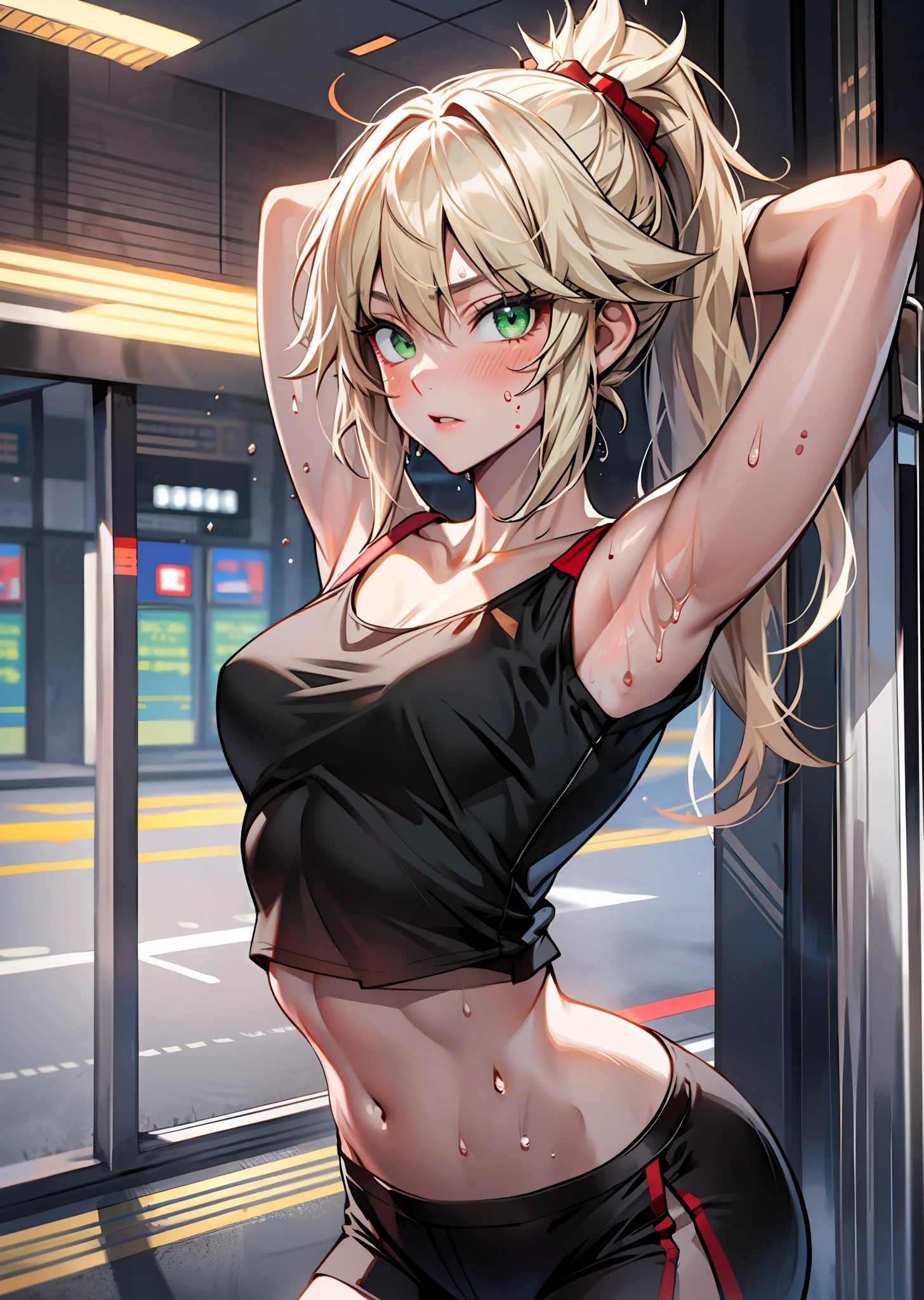 Beautiful, Masterpiece, Best Quality, extremely detailed face, Perfect lighting, mordred \(fate\), a 1girl, 独奏, Green eyes, braid, Worth, black shorts, Blush, collarbone, crop top, looking  at viewer, Belly Button, abs, little chest, red shirt, Shirt, Short shorts, wide thighs, ass, sweat, sweatdrop,