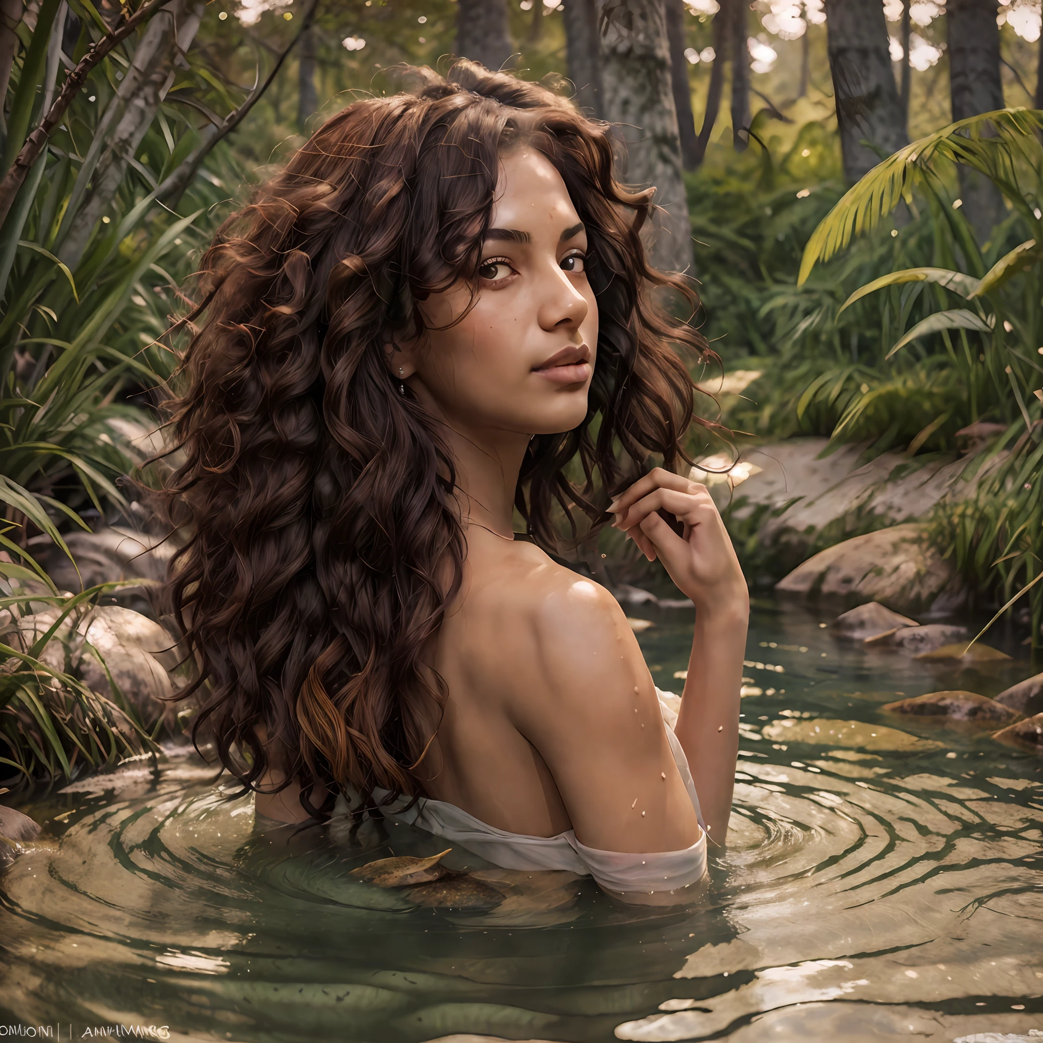 portrait of a brazilian woman, 21 years old. sunburnt ebony skin, (long light afro curly hair), wavy at the height of the back, jade eyes, fluffy turned, ((big cheeks)), bathing in the natural, naked in a deep river and transparent waters, only with the head and neck out of the water, between reeds, (backlit), realistic, wearing off_shoulder_bandage_dress brown, masterpiece, high quality, brightness, shadow, flower, [[chromatic aberration]], by Jeremy Lipking,  by Antonio J. Manzanedo, digital painting, Brazilian, 8k uhd, forest, river, wood, smoke, shadows, contrast, clear sky, style, (warm hue, warm tone)