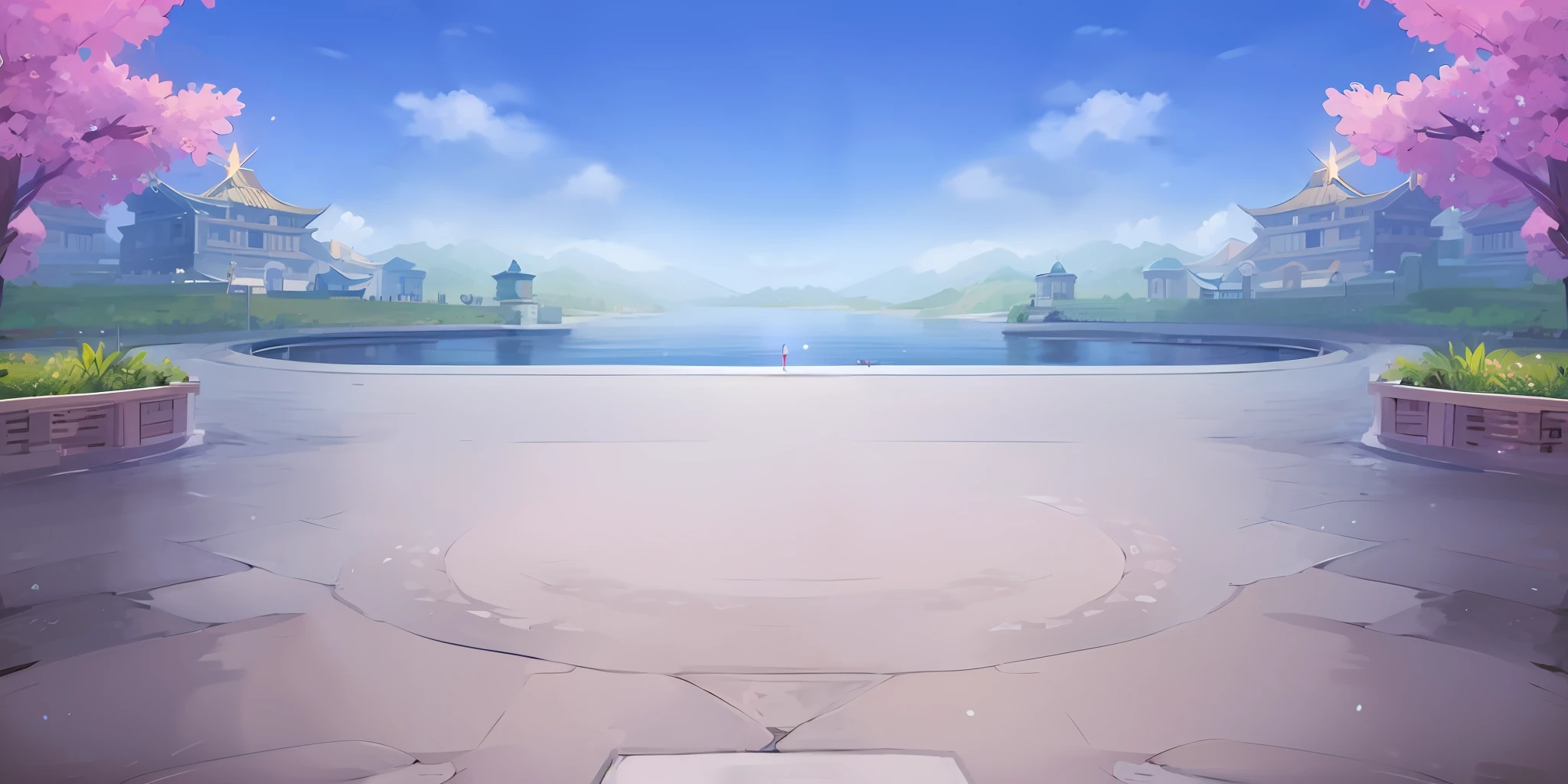 cartoon scene of a park with a pond and a lot of trees, arena background, palace background, odin's stone arena background, mobile game background, temple background, game background, detailed lake in background, Lake background, magical battlefield background, arte de fundo, stunning arcanum backdrop, volley court background, ballroom background, island background, light kingdom backdrop, videogame background