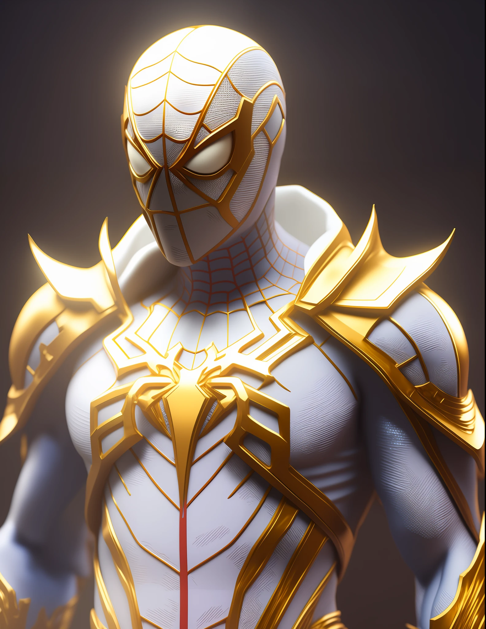 a close up of a statue of a man with a gold and white costume, super detailed render, 3 d render character art 8 k, intricate white and gold armor, full samurai armor spiderman, high detail iconic character, 8k render”, octane render ”, octane render”, super detailed octane render, super rendered in octane render, hyper detailed 3 d render, futuristic style spiderman