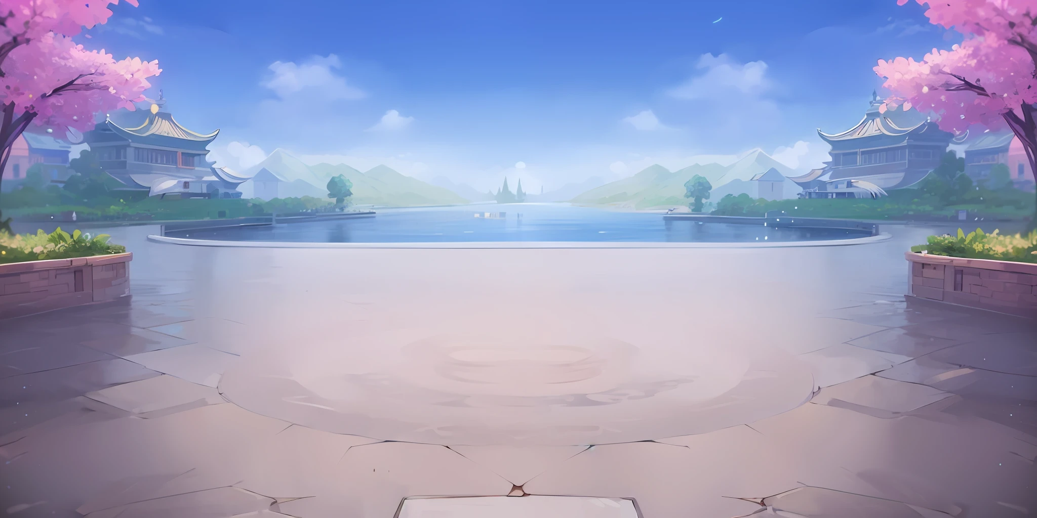 cartoon scene of a park with a pond and a lot of trees, arena background, palace background, odin's stone arena background, mobile game background, temple background, game background, detailed lake in background, Lake background, magical battlefield background, arte de fundo, stunning arcanum backdrop, volley court background, ballroom background, island background, light kingdom backdrop, videogame background