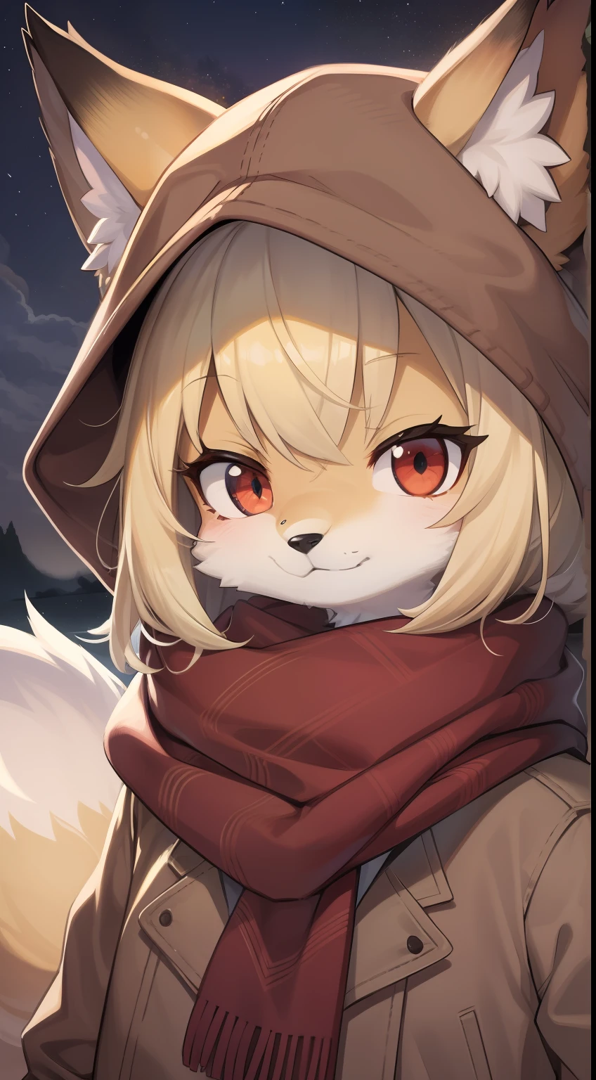 Fox Boy，Boy，was hairy，shaggy，Smoothes lashes，Skin fur，Golden fur，Short hair in men，Forelimb hands， solid circle eyes，Golden ears，Golden face fur , Short blonde hair，Red eyes，Super cute face，Brown elements on fur，Brown jacket brown hood up，Ambient light，Ultra-fine fur，volumettic light，Night,natural day light，fox tails，Fluffy tail，furries wearing tails，Big tail，nevando，Night，A sky full of stars，seawall，crossed bangs, hair strand, Shiny hair，Empty eyes，35mm，sharp talons。High quality, high detailled, Best quality, Ultra HDR， Dark brown gloves，Red diamond scarf，独奏