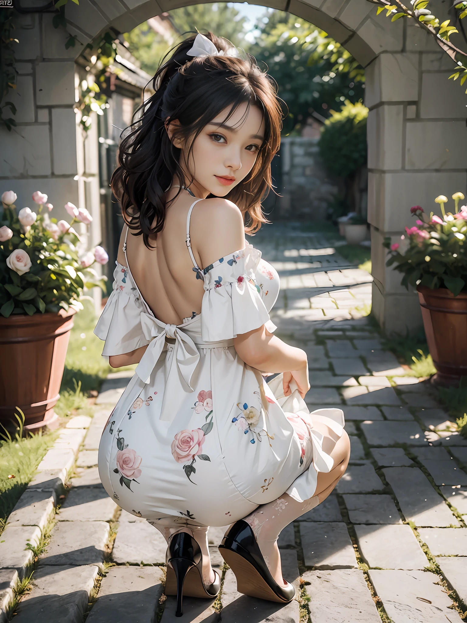 (masterece-piece:1.3)、(8K、photorealestic、Raw photography、beste Quality: 1.4)、(1girls)、Shallow depth of field、My face is in focus.、softfocus、beautifulface、(back lighting:1.5)、(Ambient:1.3)、(realistic faces)、(black haired、Medium Short:1.3)、realistic eye、Dark brown eyes、Highlights in the eyes、Beautiful details、(Plenty of natural light)、(lifelike skin)、Beautiful skin、irresistible、ultra-highres、ultra realisic、high-detail、the golden ratio、One woman with a faint smile、full full body、Pure white smooth and shiny silk socks、pumps、White bra、White panty、Squatting in front of garden arch holding a bouquet of flowers、Loosely wavy hair braided into a ponytail with a ribbon on the hair、Floral blouse with ruffles、bowtie、Blue skirt