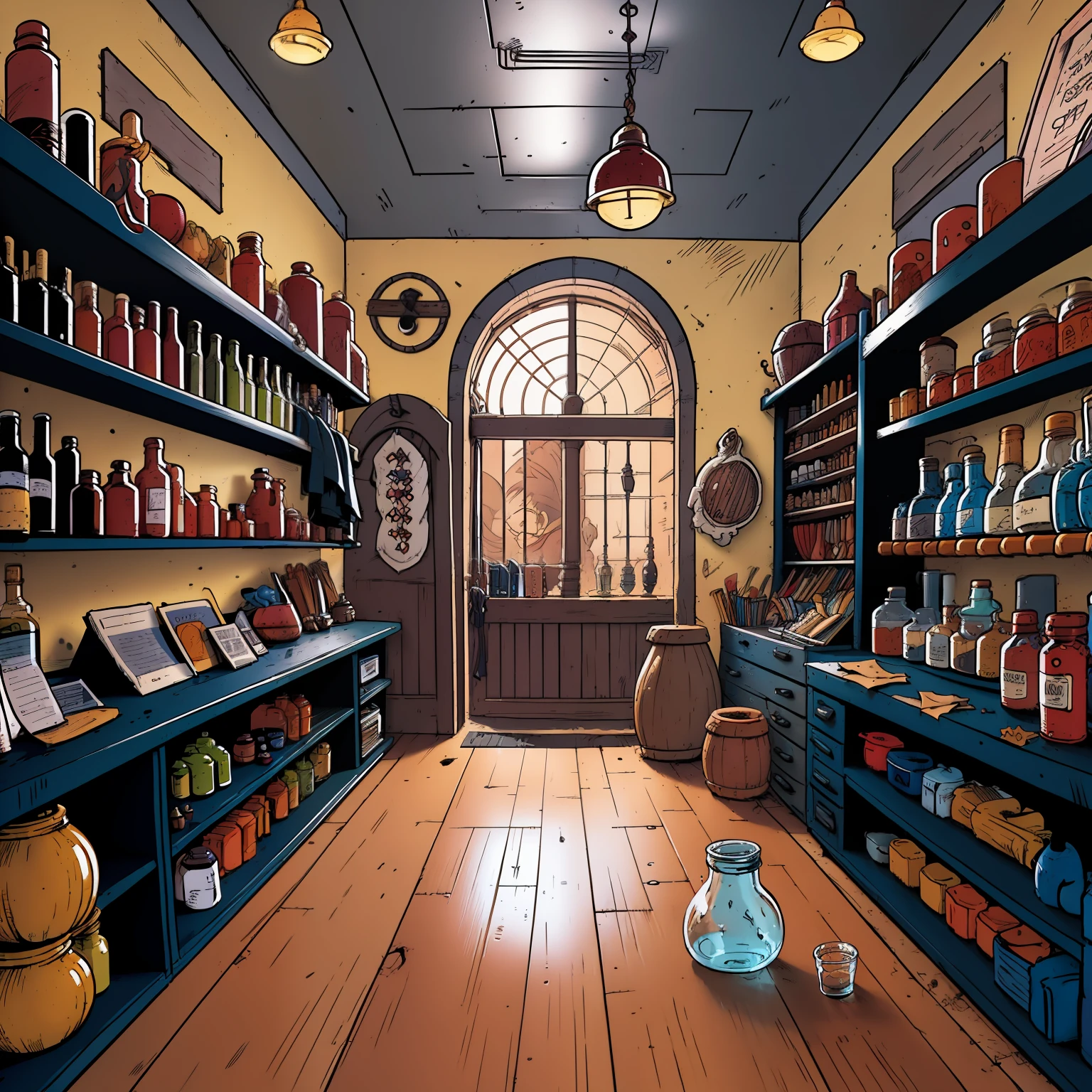 empty potions shop, uma mesa no meio da loja,Estilo medieval,side angle,manga,Akira Toriyama's trait,Preto e branco,tom preto e branco,arte linear,manga panel