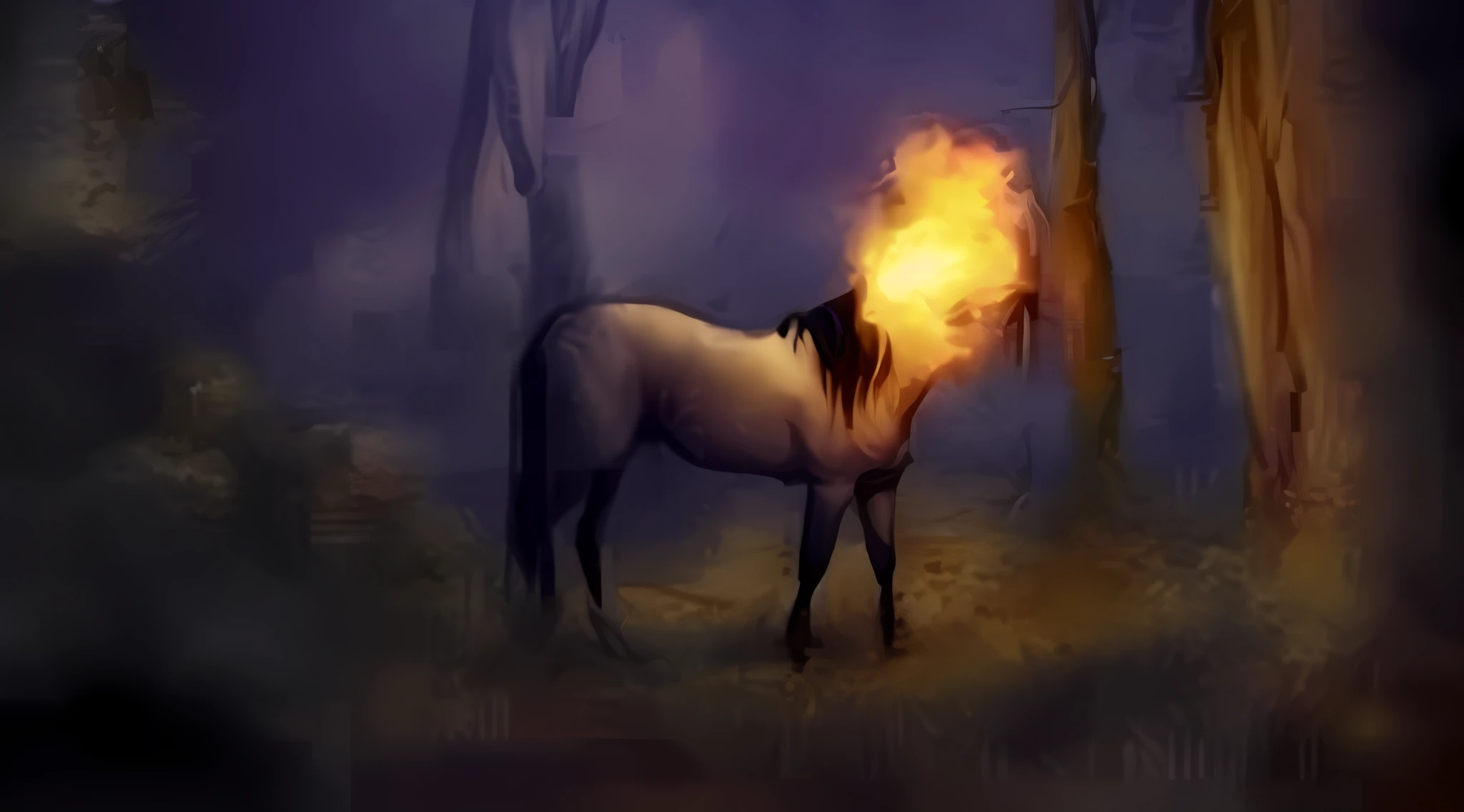 painting of a horse with a fire on its head in a forest, ghost of the fire spirit, mythical creature, fire and flames mane, A mythical creature, magical and mystical, Horse, the forest is on fire, Awesome, holy fire spell art, holy flame spell, Cavalo Centauro, Firenado, Cavalo digital, anthropomorphic horse, foto de perfil