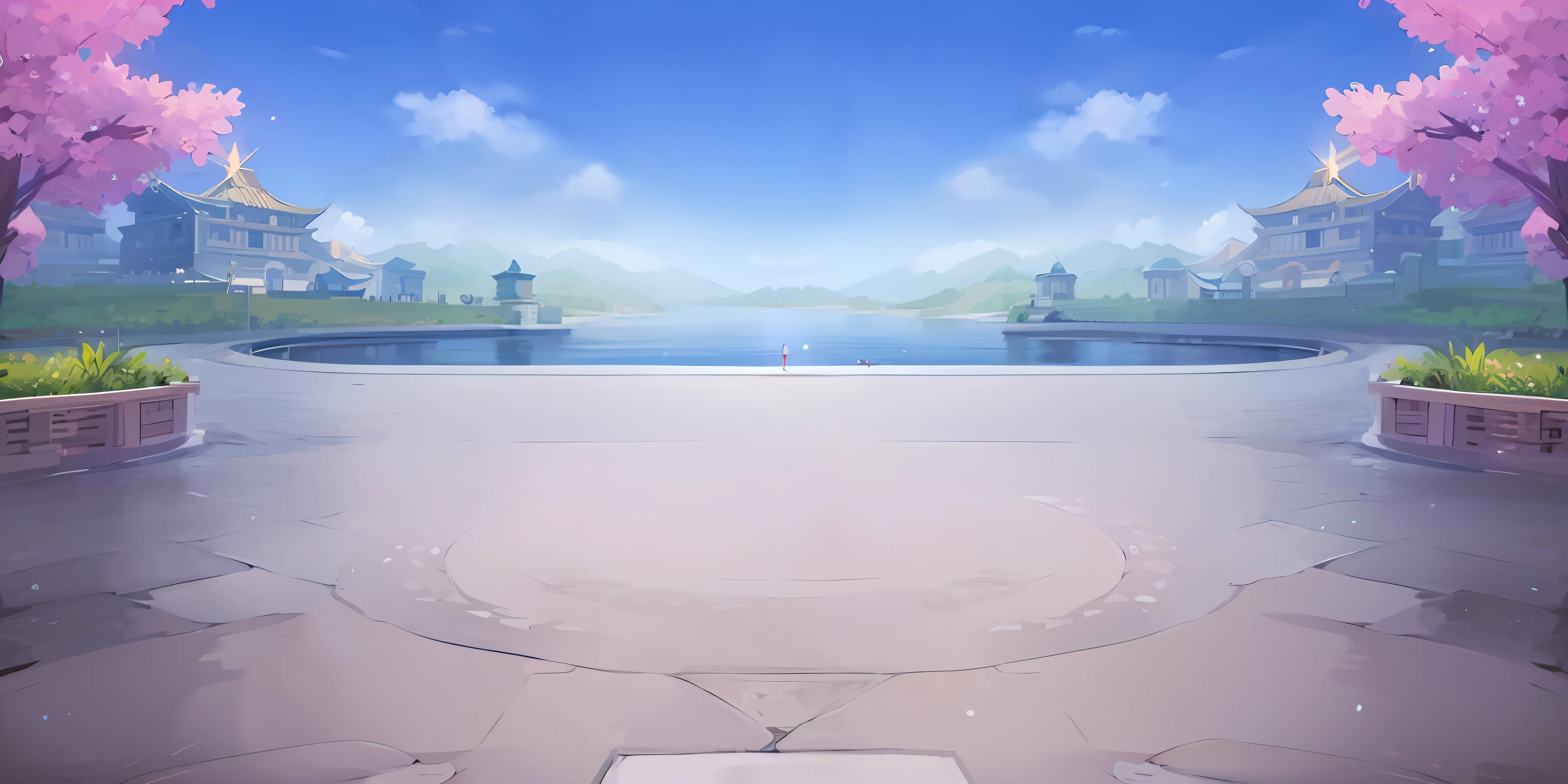 cartoon scene of a park with a pond and a lot of trees, arena background, palace background, odin's stone arena background, mobile game background, temple background, game background, detailed lake in background, Lake background, magical battlefield background, arte de fundo, stunning arcanum backdrop, volley court background, ballroom background, island background, light kingdom backdrop, videogame background