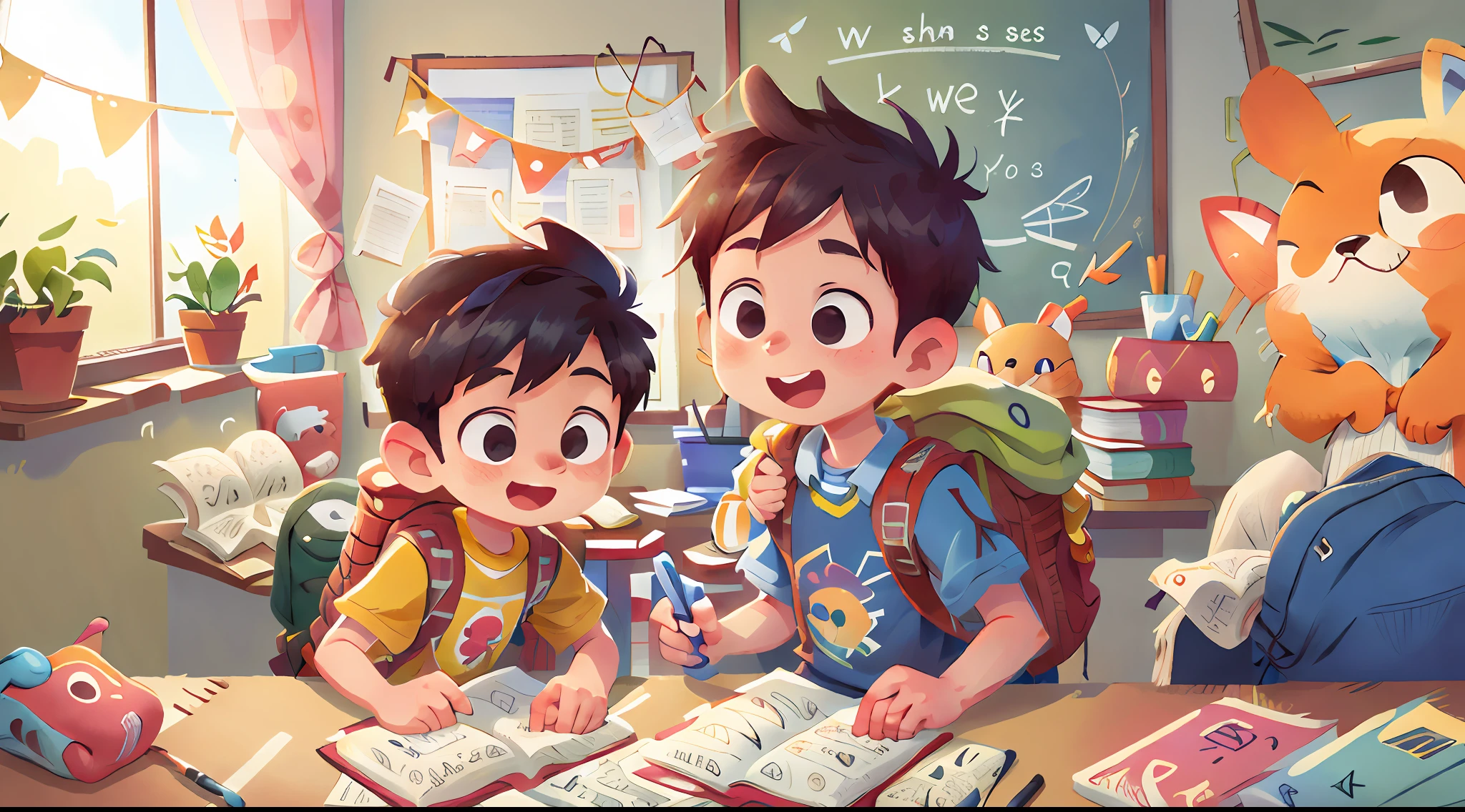 (SFW), two boys reading books, happy, carrying backpacks, classroom in the background, perfect quality, clear focus, colorful, perfect face, intricate details, ultra-low viewing angle, wide angle lens