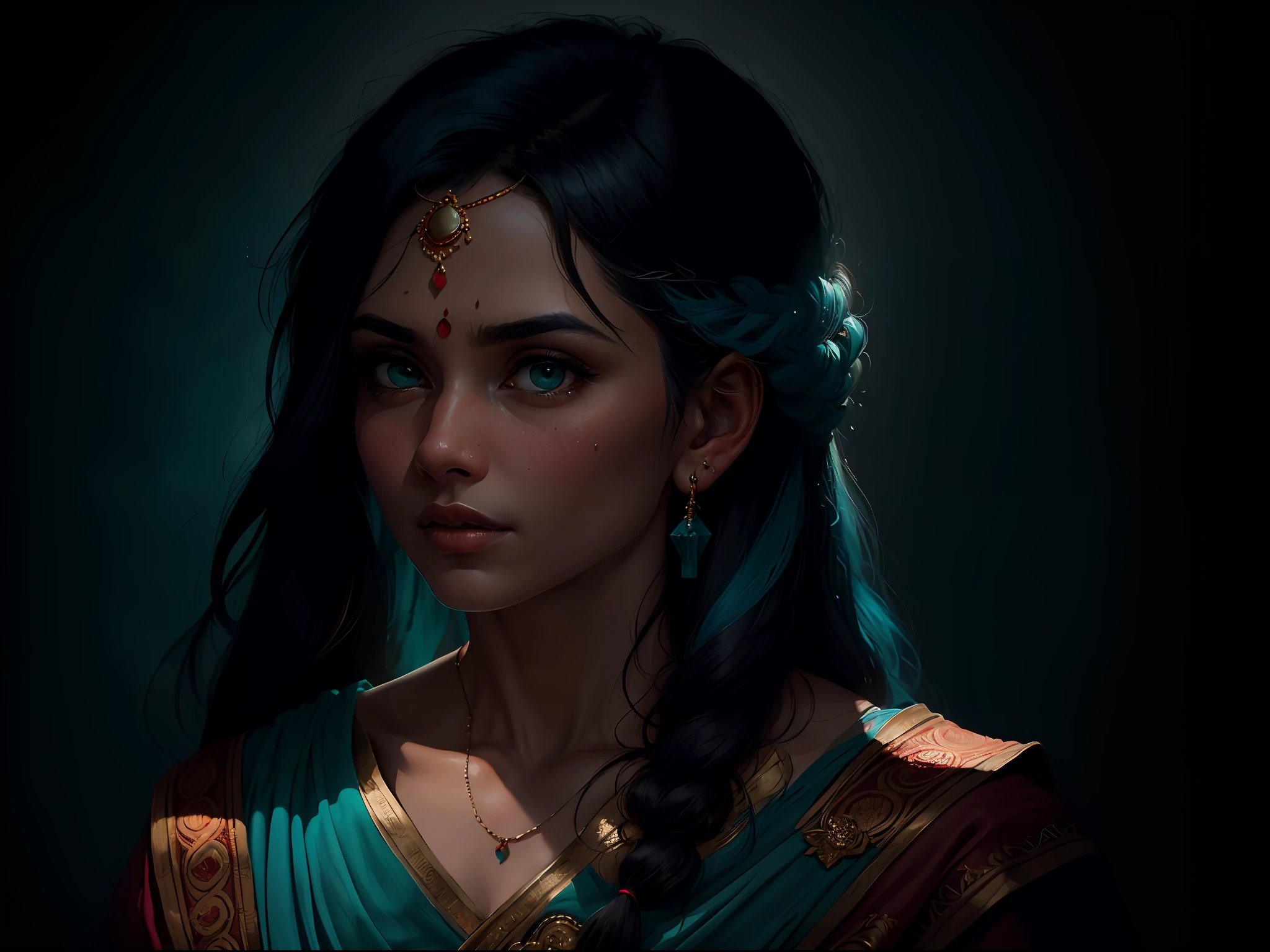 portrait of a award winning photo of indian princess posing in a dark studio, (rim lighting,:1.4) two tone lighting, sharp focus, teal hue, octane, unreal, dimly lit, low key,