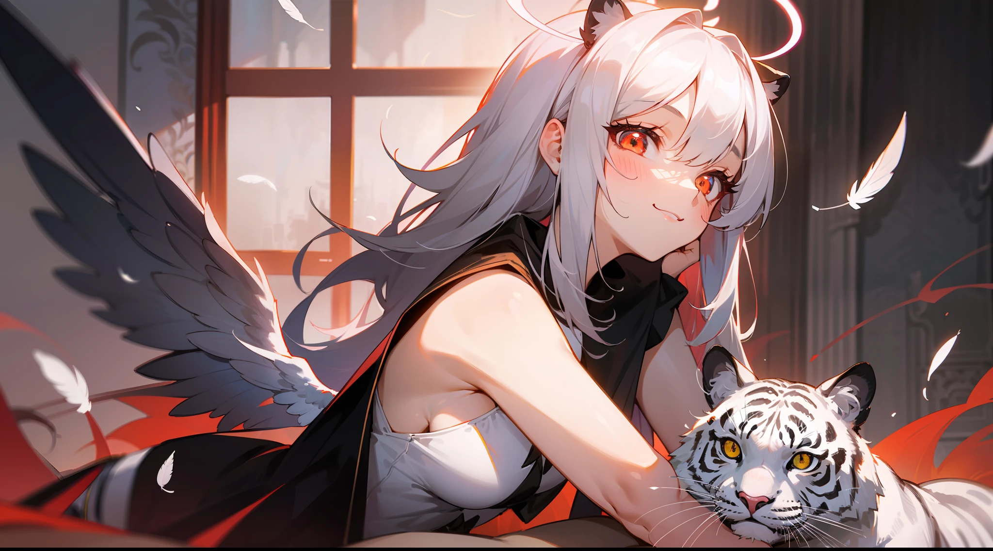 (masterpiece, misteryous), 1girl with a tiger, angel, cute,(red halo),happy,gorgeos, glowing eyes, red eyes, angel wings, holy, sensual, black tunic, feathers, BREAK perfect face, confident, smile, expressive eyes, collofull eyes, contrast, shadows, masterpiece, digital art,majestic, superior, BREAK white tiger
