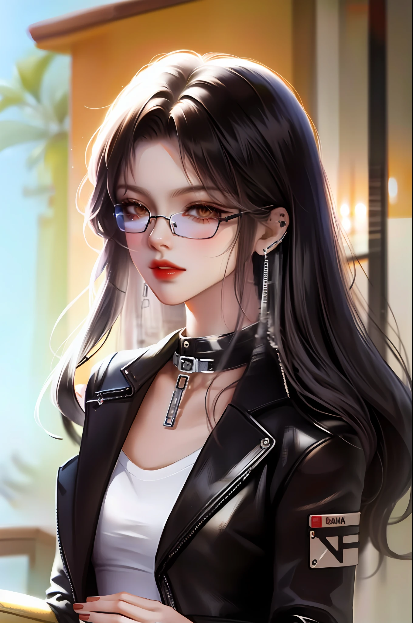 Estilo anime, ....3d, Uma mulher de 27 anos com cabelos castanhos na altura dos ombros, brown eyes and wearing glasses, exibindo um estilo ousado e rock'n'roll. She is wearing a black leather jacket with front zipper and details in silver studs. His graphic T-shirt features the logo of the band linkin park, paired with a high-waisted plaid skirt and torn drag stockings. On the feet, ela usa botas de couro preto com fivelas e sola robusta. Your hair is slightly messy, complemented by an intense red lipstick and black eyeliner that enhances your eyes. Ela possui seios pequenos e um olhar sedutor.