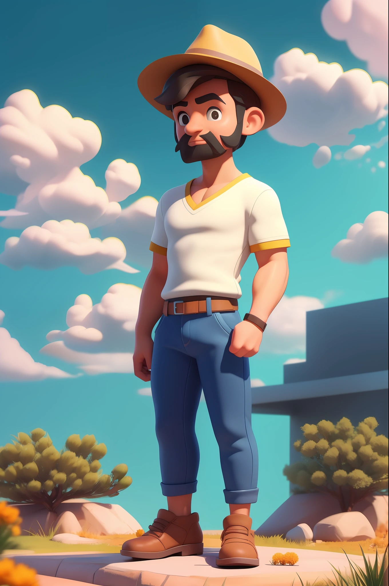 3dcharacter, (1man, 28 anos, masculino: 1.2), olhos castanhos , barba grossa ruiva, cabelo ruivo, V-Neck Top, (corpo inteiro: 1.2), fundo simples, obra-prima, melhor qualidade, cangaceiro hat (Background in the northeastern hinterland: 1.1)