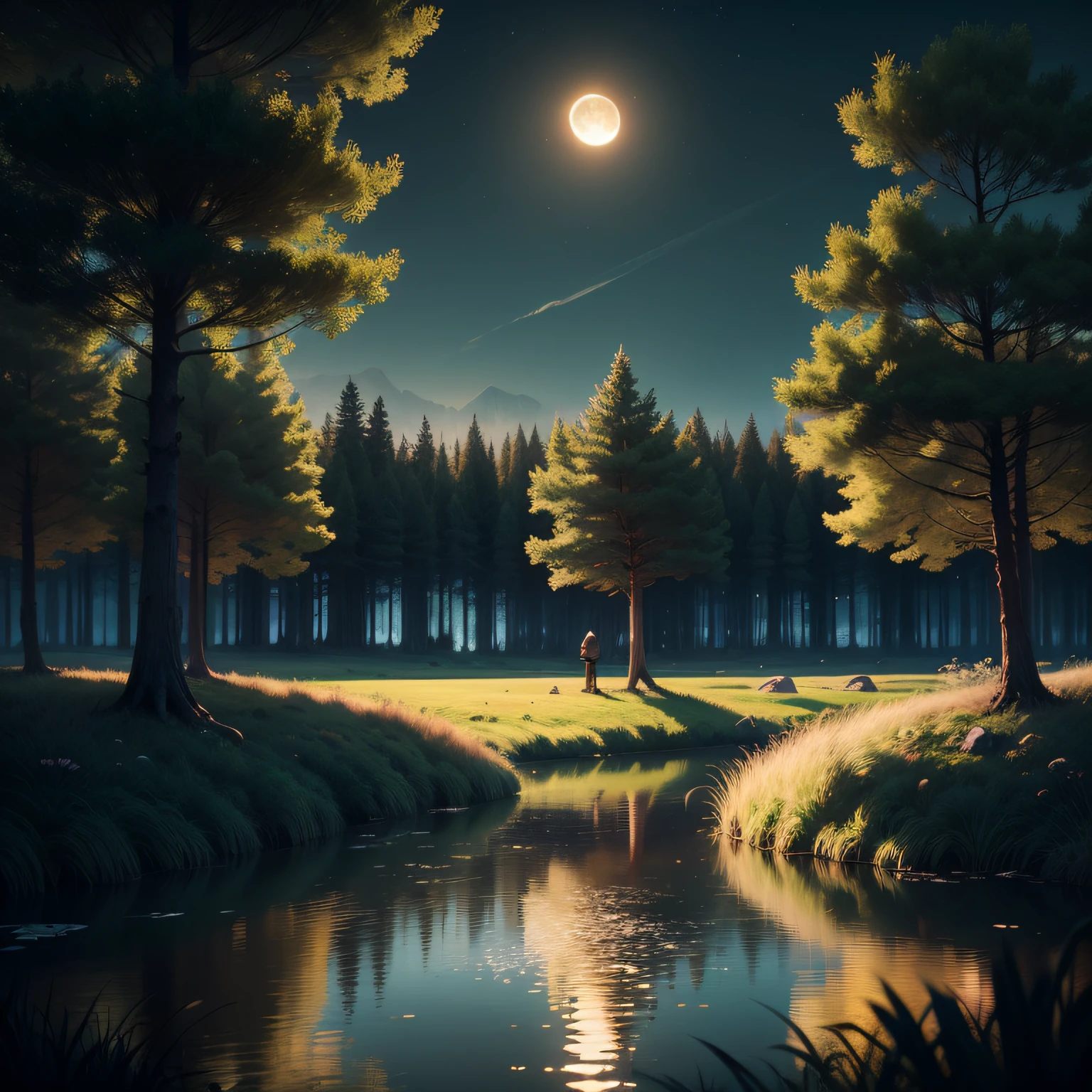 A beautiful forest, small lake, grassy field, cinematic lighting, moon, fantasy, magical world, Disney style, 8K --auto