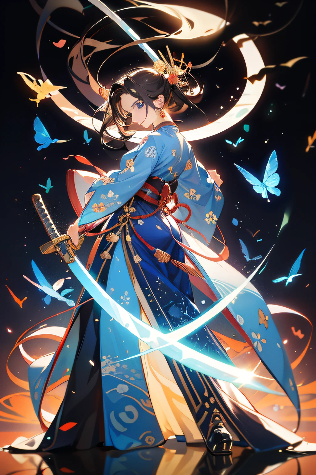 ,(Masterpiece:1.2, high quality), (pixiv:1.4),Gongbi space princess, Japanese clothing, tight fitting, blue eyes, brown hair, holding samurai sword.