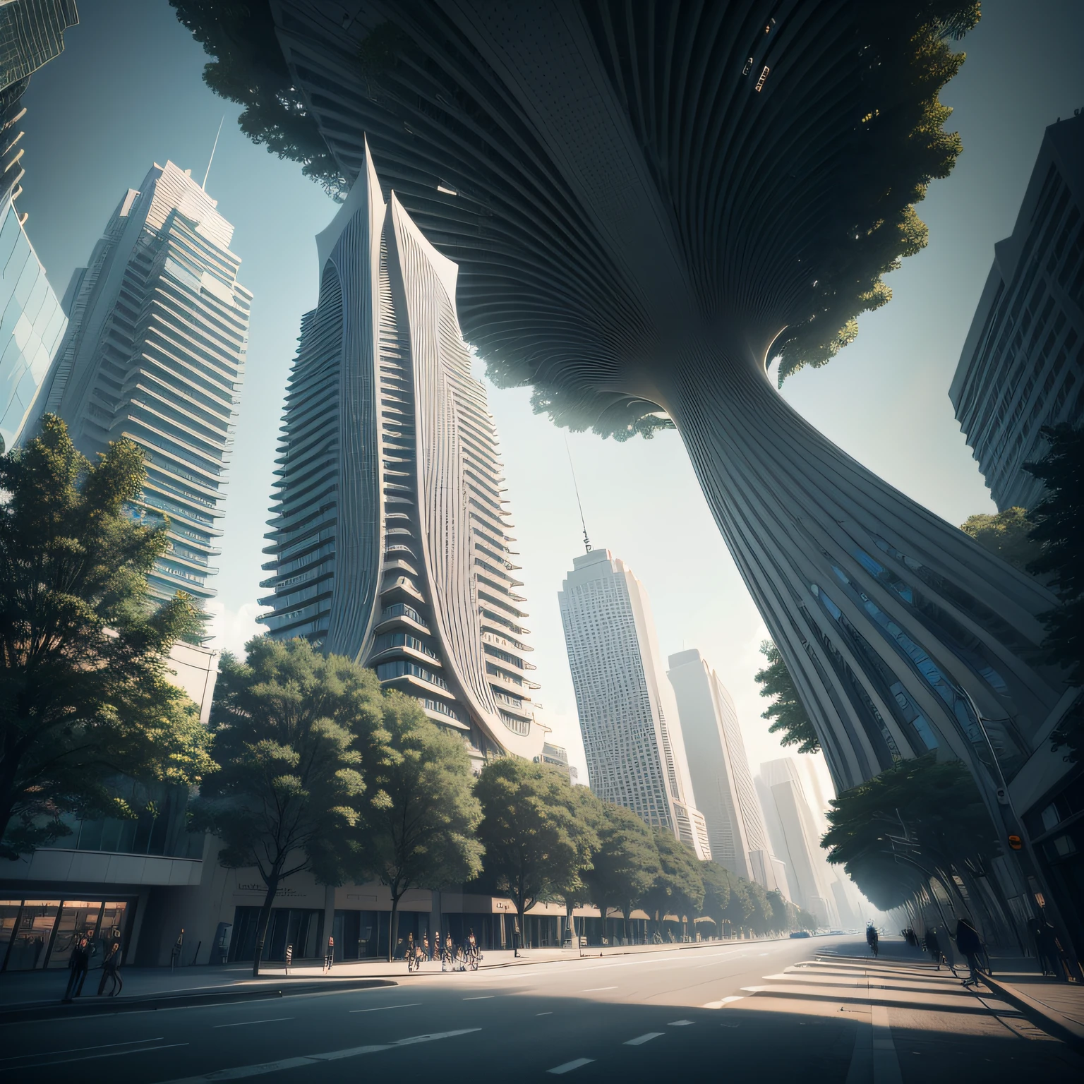 Futuristic architecture, arquitetura premiada, skyscraper architectureCity, photographic style, Rendering, Alameda de plane trees, Highly detailed dream building in the architectural styles of Oscar Niemeyer and Ernst Haeckel :: arquiteturacore :: High contrast wide avenue in front full of trees, plane trees