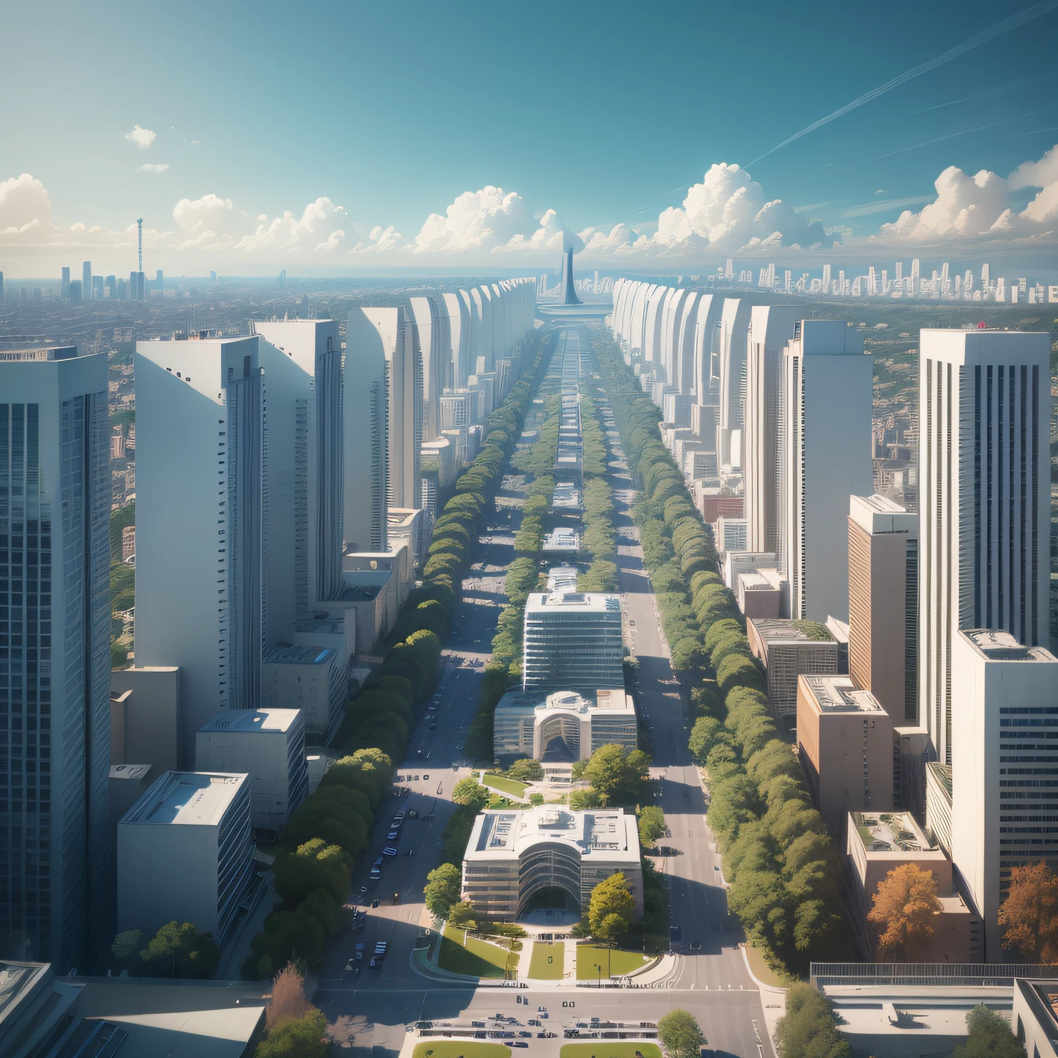 Futuristic architecture, arquitetura premiada, skyscraper architectureCity, photographic style, Rendering, Alameda de plane trees, Highly detailed dream building in the architectural styles of Oscar Niemeyer and Ernst Haeckel :: arquiteturacore :: High contrast wide avenue in front full of trees, plane trees