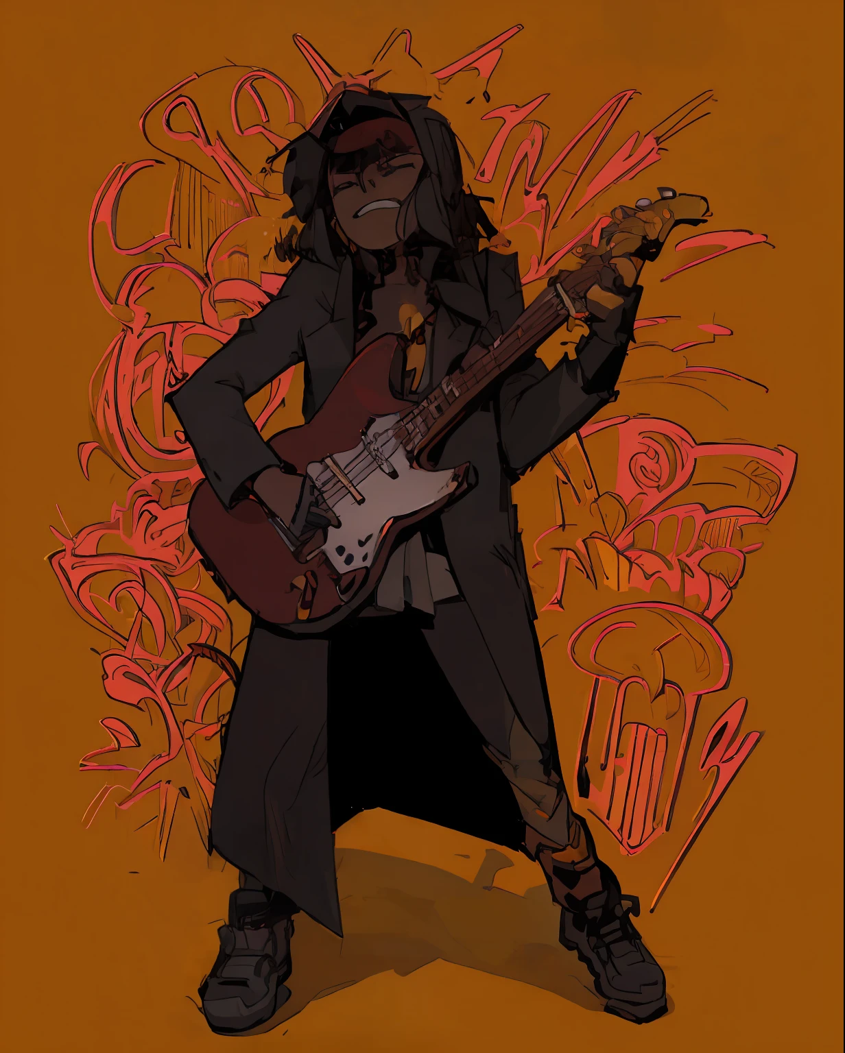 cartoon of a man with a guitar and a hat on, baixista, guitarrista, menina do rock sonhadora, rocking out, Fanart menina urbana, badass composition, inspirado em Shog Janit, Fanart oficial, :14 FLCL + Akira, Lowres, Fanart, the girl plays the guitar, no estilo dos quadrinhos de heavy metal, jamming to music