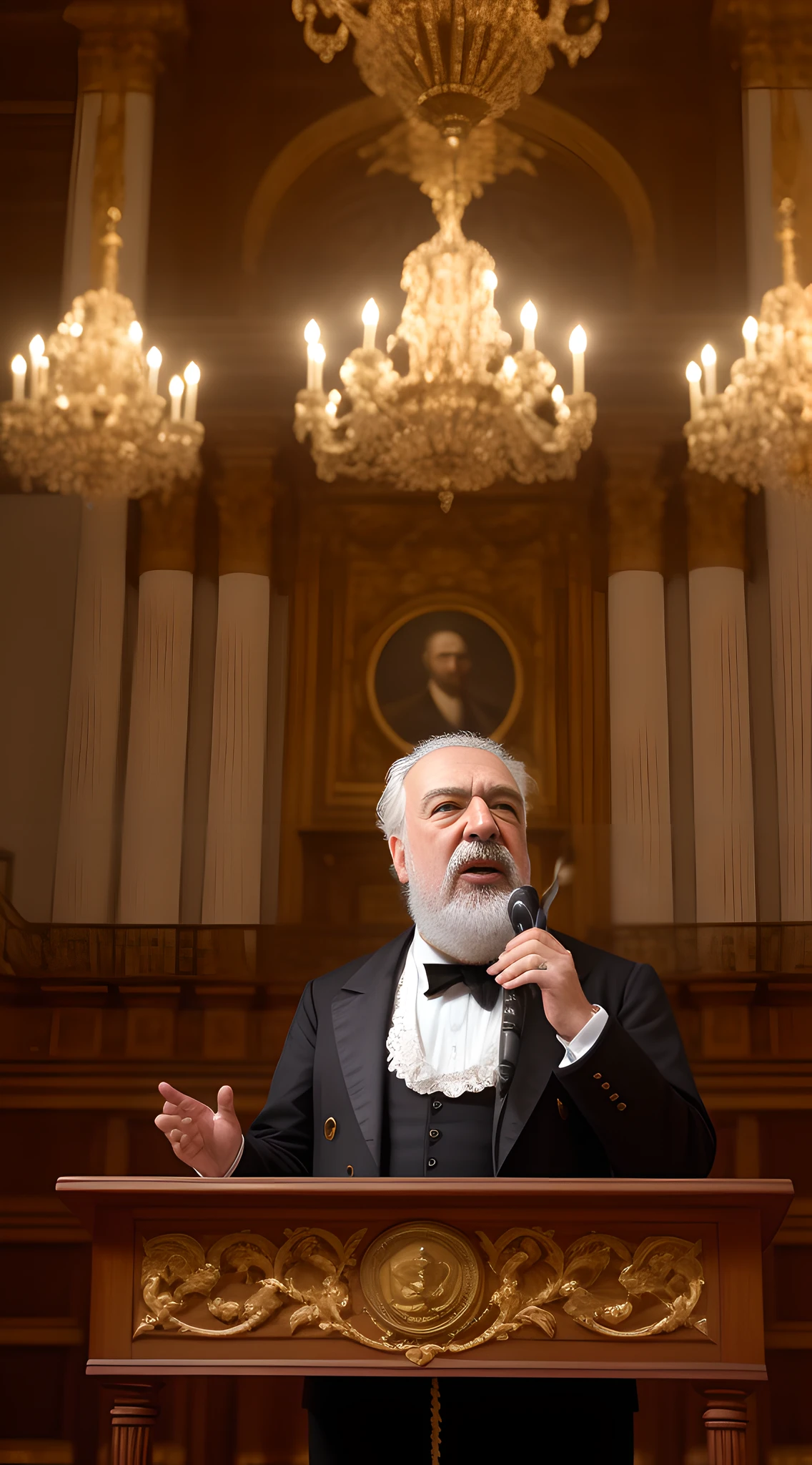 (masterpiece, best quality, high resolution, rich background:1.2), Alexander Graham Bell, (impressive white beard:1.1), passionate expression, giving speech, worn pages of eugenics notes, ornate wooden podium, (audience in Victorian attire:1.1), grand auditorium, softly lit, chandeliers, pastel color scheme, diagonal shot, energetic.