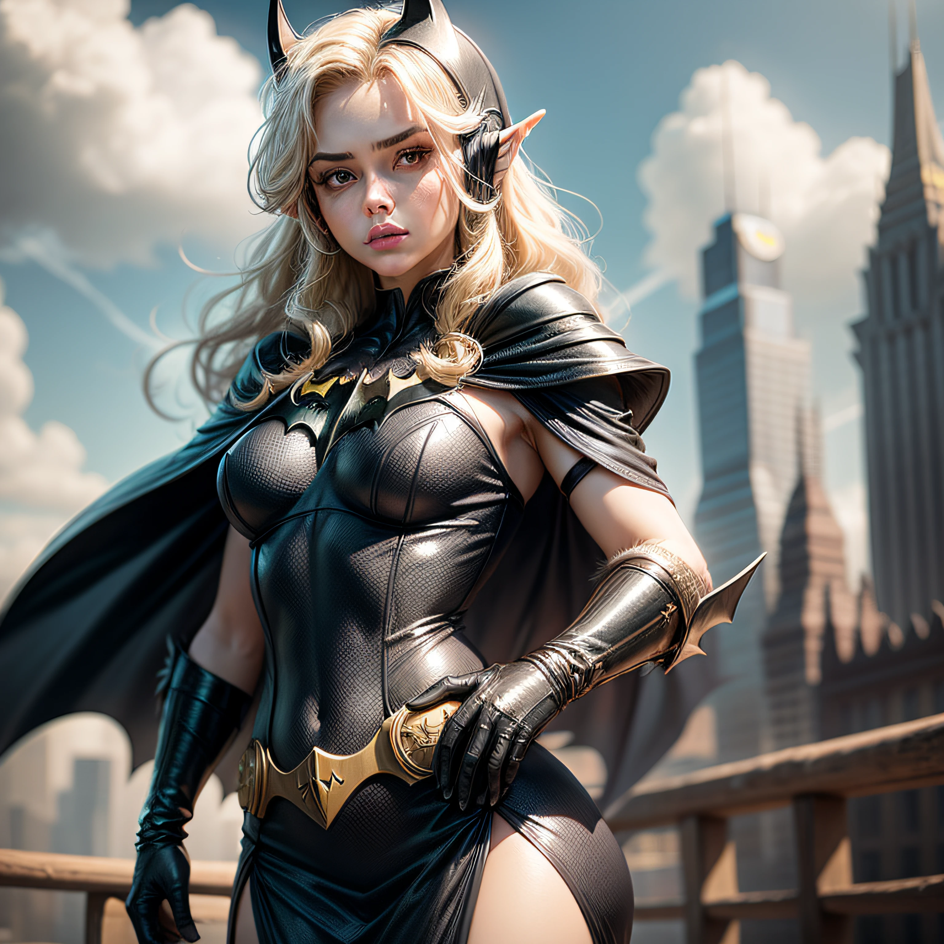 A lenda do elo de zelda vestido como batman no topo de um skycrapper