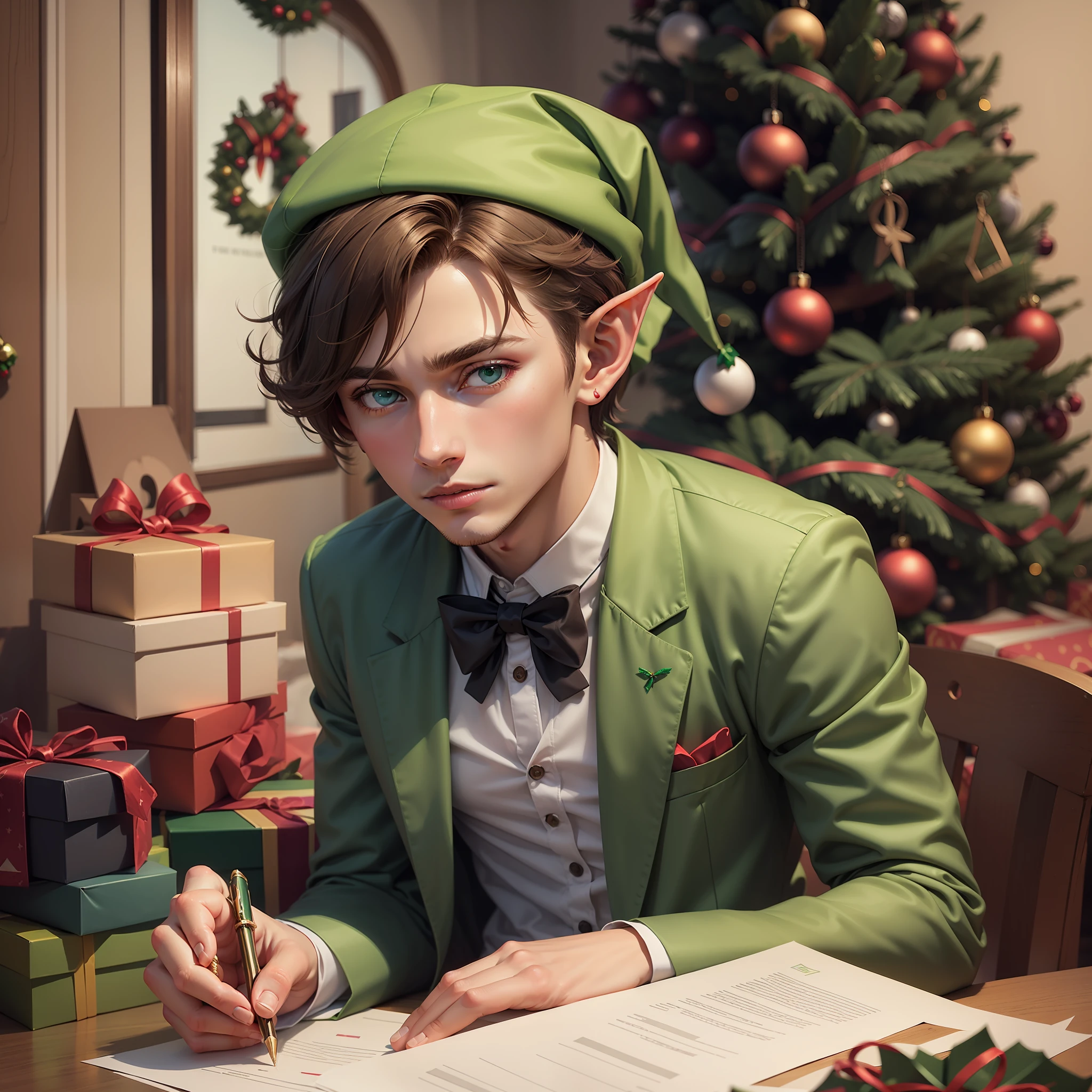 A young man who resembles a Christmas elf, pointed ears, green velvet jacket, green hat, blue eyes, brown hair, by Christmas tree surrounded by presents, writing list