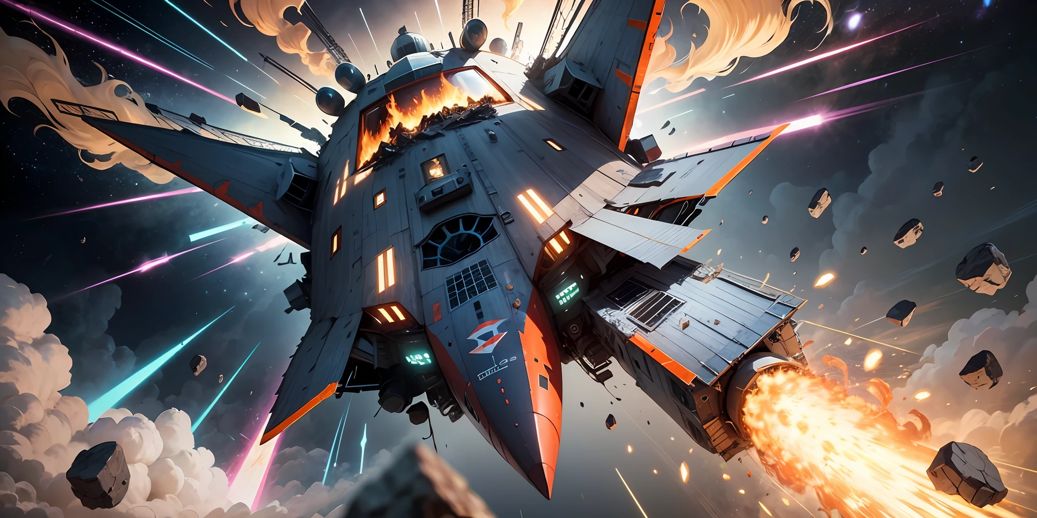 Create a scene where a ship is maneuvering through a field of burning asteroids, dodging the rubble at high speed as he tries to reach the lead, em ultrarealidade --auto --s2
