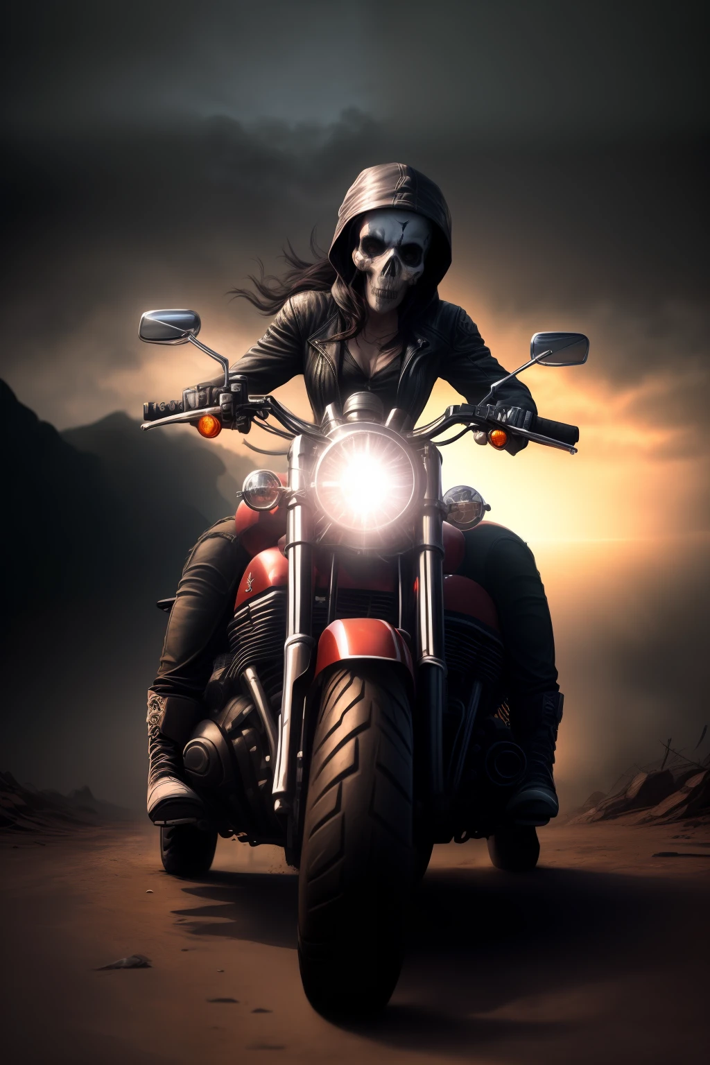 Uma imagem fotorealista de uma caveira, captured in incredible detail, (qualidade de 8K), dramatic lighting, vivid texture, sharp-focus, artistic composition, Greg Rutkowski photographic style, efeitos de luz sutis, sombras bem definidas, contraste acentuado, fundo escuro e envolvente, detalhes minuciosos nos ossos e dentes, expression of rawness and mystery, macabre and impressive aesthetics, uso sutil de sombras para criar profundidade, (trending no ArtStation:1.2), (trending no Instagram:1.1), (extremo cuidado com os detalhes), (atmosfera sombria e intensa), (post-apocalyptic photographic style), (grande uso de texturas e sombras), (reflexos especulares realistas), (destaque na nitidez dos detalhes), (dramatic contrast between illuminated areas and shadows), (uso impressionante de luz e sombra para criar uma atmosfera arrepiante), (efeitos de profundidade impressionantes), (tonalidades sombrias e frias), (atmosfera sinistra e misteriosa), (Drama in composition and lighting), (breathtaking visual quality), (uma obra de arte impressionante), (uma caveira que parece ganhar vida) , (com uma moto harley davidson , pegando fogo nas rodas ),