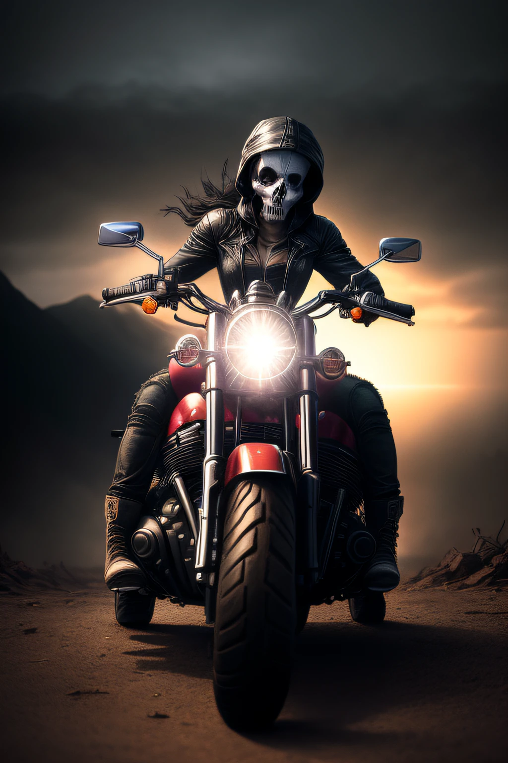 Uma imagem fotorealista de uma caveira, captured in incredible detail, (qualidade de 8K), dramatic lighting, vivid texture, sharp-focus, artistic composition, Greg Rutkowski photographic style, efeitos de luz sutis, sombras bem definidas, contraste acentuado, fundo escuro e envolvente, detalhes minuciosos nos ossos e dentes, expression of rawness and mystery, macabre and impressive aesthetics, uso sutil de sombras para criar profundidade, (trending no ArtStation:1.2), (trending no Instagram:1.1), (extremo cuidado com os detalhes), (atmosfera sombria e intensa), (post-apocalyptic photographic style), (grande uso de texturas e sombras), (reflexos especulares realistas), (destaque na nitidez dos detalhes), (dramatic contrast between illuminated areas and shadows), (uso impressionante de luz e sombra para criar uma atmosfera arrepiante), (efeitos de profundidade impressionantes), (tonalidades sombrias e frias), (atmosfera sinistra e misteriosa), (Drama in composition and lighting), (breathtaking visual quality), (uma obra de arte impressionante), (uma caveira que parece ganhar vida) , (com uma moto harley davidson , pegando fogo nas rodas ),