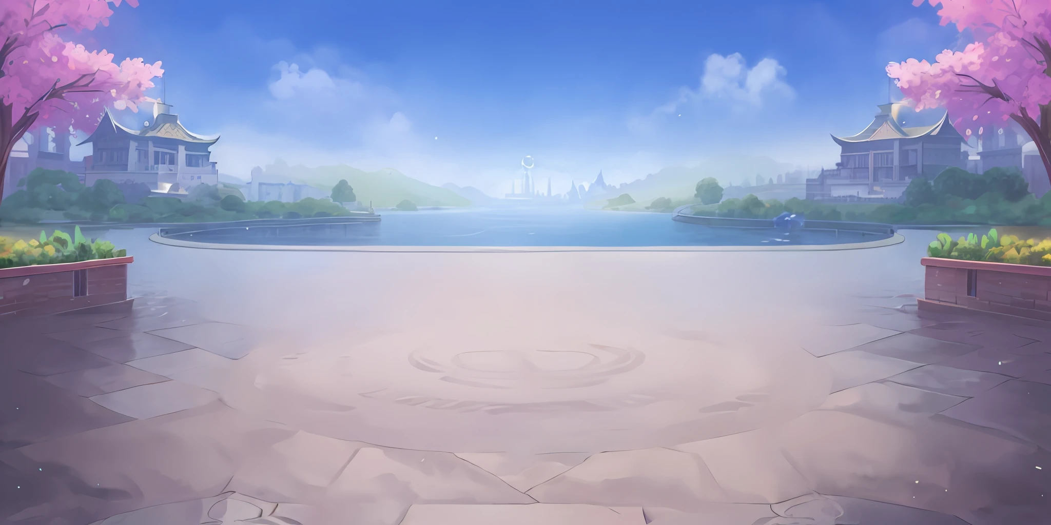 anime scenery of a park with a pond and a pagoda, palace background, stunning arcanum backdrop, Lake background, detailed lake in background, arte de fundo, odin's stone arena background, temple background, arena background, anime backgrounds, Anime background art, cathedral background, Castle background, ballroom background, light kingdom backdrop, royal garden background, volley court background, Fantasy background