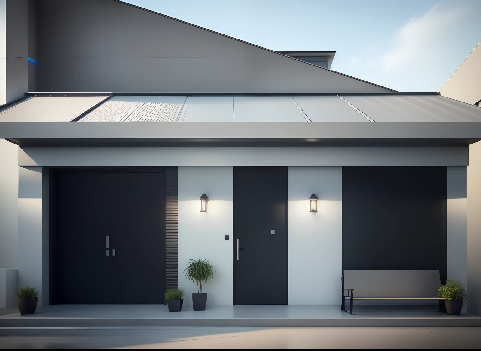 there is a small white building with a black door and a bench, estilo fotorrealista, estilo fotorrealista, with photorealistic lighting, lumion rendering, estilo realista, renderizado em corona, photoreal render, photorealistic render, corona render, renderizado no lumion pro, em frente a uma garagem, render 3d bem iluminado, photorender, photorealistic render