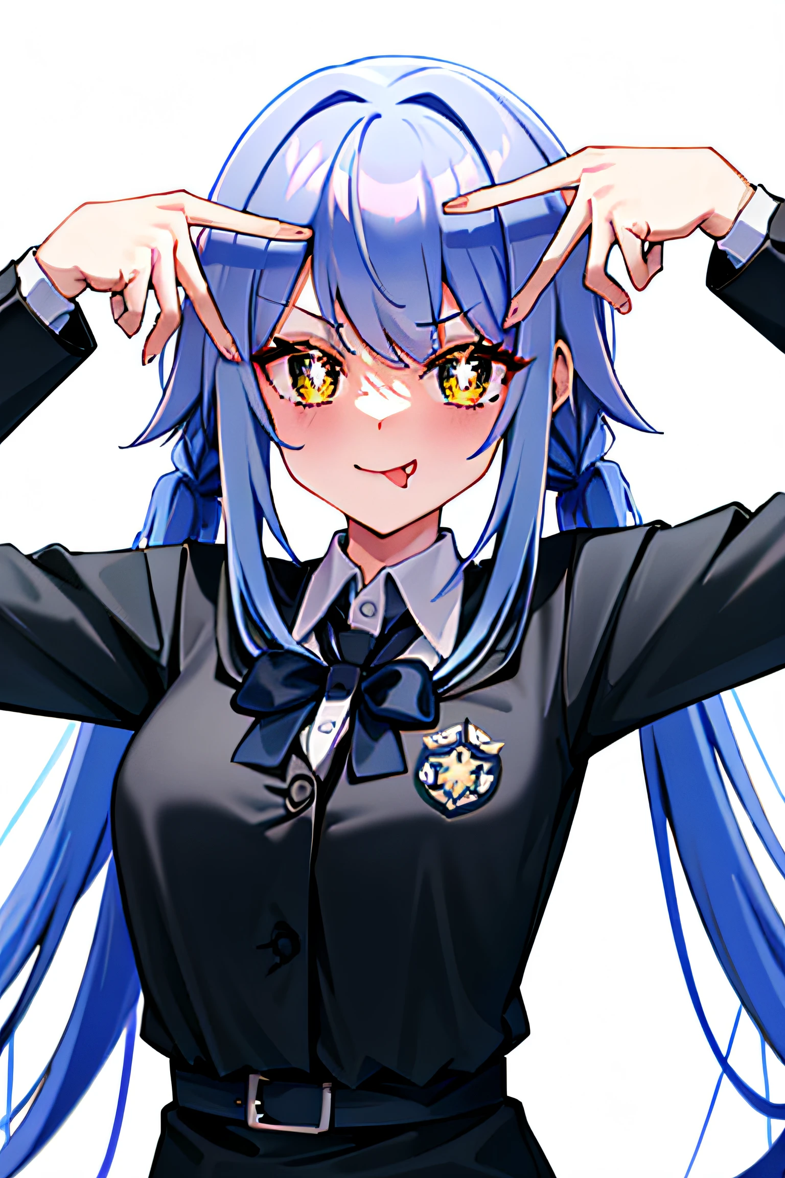 Die Pose der KI, 1girls, nur, :p, in, white background, Doppel-V, Arona, 1girls, rotes Haar, twintails, Schuluniform, white shirt, rosaner Matrosenkragen, long sleeves, rosa Fliege, Heck (Symbol), symbol-shaped pupils, Die Pose der KI, geschlossener Mund, (Detaillierte Hand), AFW, Meisterwerk, best qualiy, Offizielle Kunst, extrem detailliertes CG Unity 8k Wallpaper
