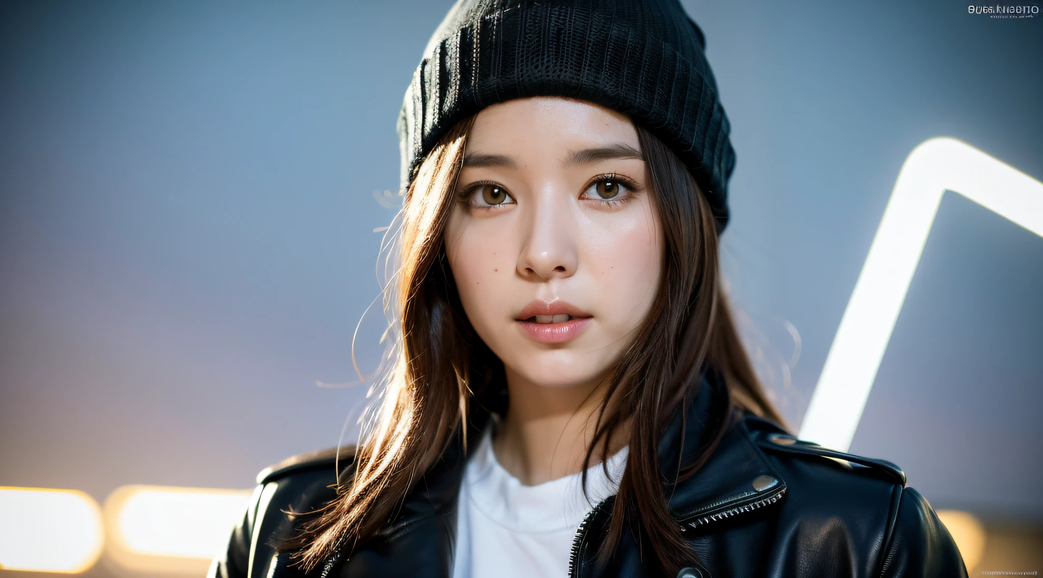 (
(8k:1.27), best quality, masterpiece, ultra highres:1.2) Photo of Pretty Japanese woman
 (beautiful:1.1) (sci-fi warrior woman:1.1) space soldier, (beanie:1.61) (leather jacket:1.21) intricate elegant, fantasy, detailed, ometric by greg rutkowski and alphonse mucha, gradient lighting
