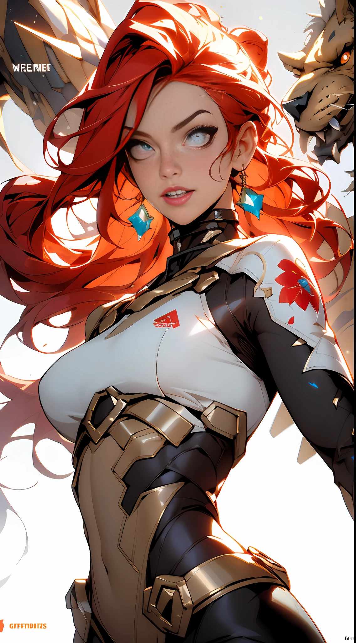 background, misto-language_text, letras japonesas em graffit ,garotas, long gradient red hair, excellent lighting, sidelighting, perfeito ultimate (cor plana: 1.3), (magazine_cover: 1.4), (multicolored_background: 1.3), striped_background, card_background, :: discs with sharp, shiny blades in hand :: circular pieces of white metals glued to the ultra detailed arms coming out of shimmering glow, desenho de estrela negra estampada no meio da camisa , perfeita e detalhada, camisa ultra detalhado com desenho abstrato e com estampa de letras japonesas em grafit dos lados da roupa, imagem de garotas com big breast, accompanied by an ultra-detailed cyborg lion, com efeitos imersivos, efeito pairar, fundo estilo grafite tatuagem tribal com flores e cores vibrantes, "hdr ultra" detalhadas e com efeito de foco, (obra-prima: 1.2, melhor qualidade), (beautiful eyes with huge finely detailed eyelashes: 1.2), , ((Solo)), (Olhos finamente detalhados e rosto detalhado :1.3), in various full-body attack poses, (fundo bonito : 1.2),traje futurista, Super detailed circular metals Grabbed on the arms and pants, Fantastic paintings"((better quality, better lighting)), beautiful Powergirl with athletic body, accented and highlighted breasts, dynamic pose, colorful background, high saturation, vibrant lights."