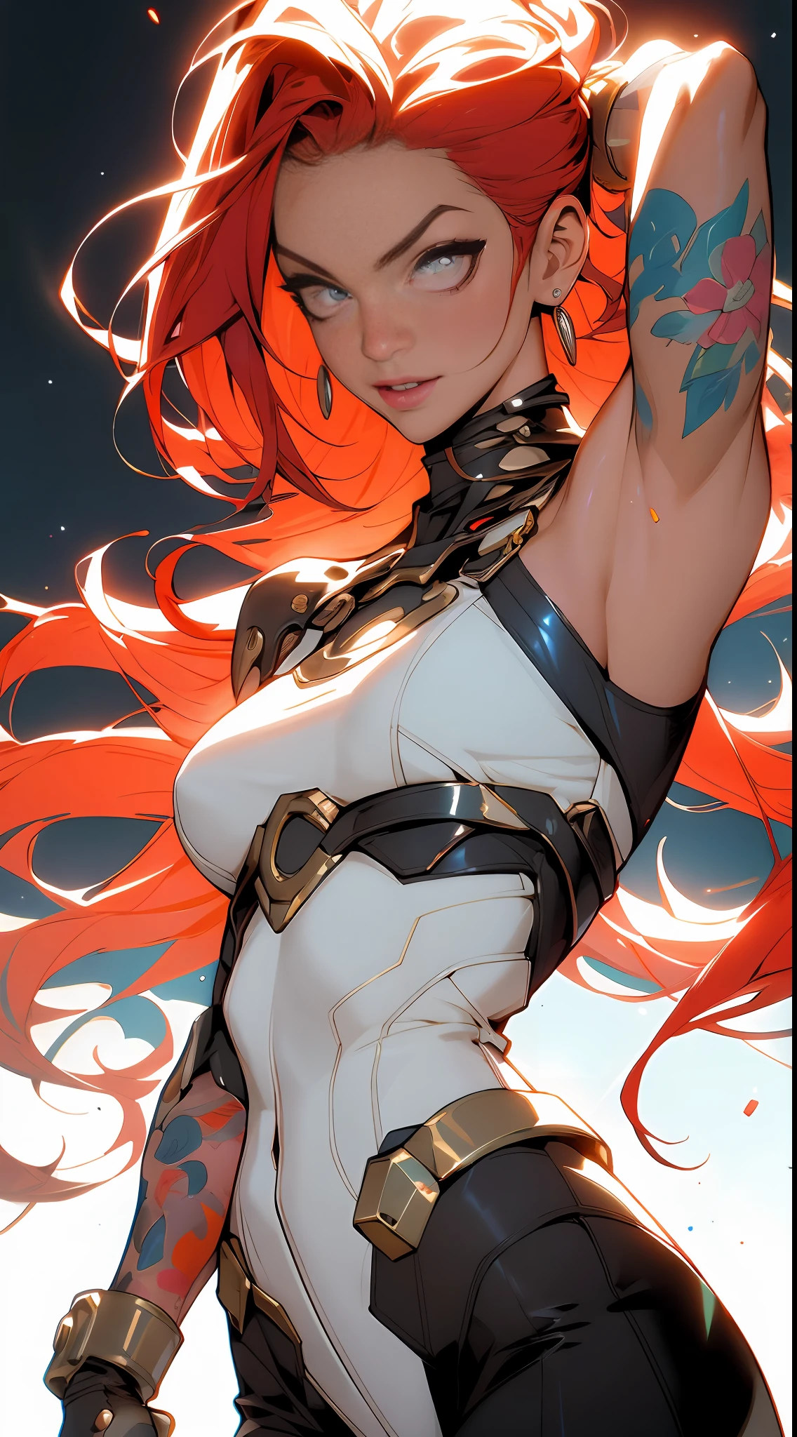 background, misto-language_text, letras japonesas em graffit ,garotas, long gradient red hair, excellent lighting, sidelighting, perfeito ultimate (cor plana: 1.3), (magazine_cover: 1.4), (multicolored_background: 1.3), striped_background, card_background, :: discs with sharp, shiny blades in hand :: circular pieces of white metals glued to the ultra detailed arms coming out of shimmering glow, desenho de estrela negra estampada no meio da camisa , perfeita e detalhada, camisa ultra detalhado com desenho abstrato e com estampa de letras japonesas em grafit dos lados da roupa, imagem de garotas com big ??????, accompanied by an ultra-detailed cyborg lion, com efeitos imersivos, efeito pairar, fundo estilo grafite tatuagem tribal com flores e cores vibrantes, "hdr ultra" detalhadas e com efeito de foco, (obra-prima: 1.2, melhor qualidade), (beautiful eyes with huge finely detailed eyelashes: 1.2), , ((Solo)), (Olhos finamente detalhados e rosto detalhado :1.3), in various full-body attack poses, (fundo bonito : 1.2),traje futurista, Super detailed circular metals Grabbed on the arms and pants, Fantastic paintings"((better quality, better lighting)), beautiful Powergirl with athletic body, accented and highlighted ???????, dynamic pose, colorful background, high saturation, vibrant lights."