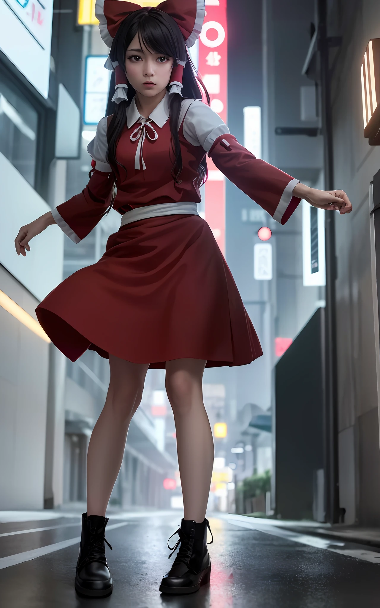 (masterpiece, best quality, ultra-detailed, highres:1.2), cinematic, cgi, photorealistic,
1girl, pretty, idol, (Hakurei Reimu:1.25), blush, natural skin texture, brown eyes,
intricate eyes, heavy eye makeup, posture, fighting, danmaku, magic, stylish clothes, dress,
highly detailed background, cyberpunk, city, street, night, stars, modern, futuristic, neon lights,