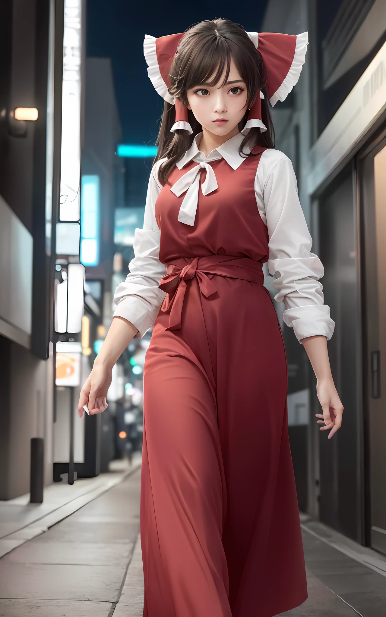 (masterpiece, best quality, ultra-detailed, highres:1.2), cinematic, cgi, photorealistic,
1girl, pretty, idol, (Hakurei Reimu:1.25), blush, natural skin texture, brown eyes,
intricate eyes, heavy eye makeup, posture, fighting, danmaku, magic, stylish clothes, dress,
highly detailed background, cyberpunk, city, street, night, stars, modern, futuristic, neon lights,