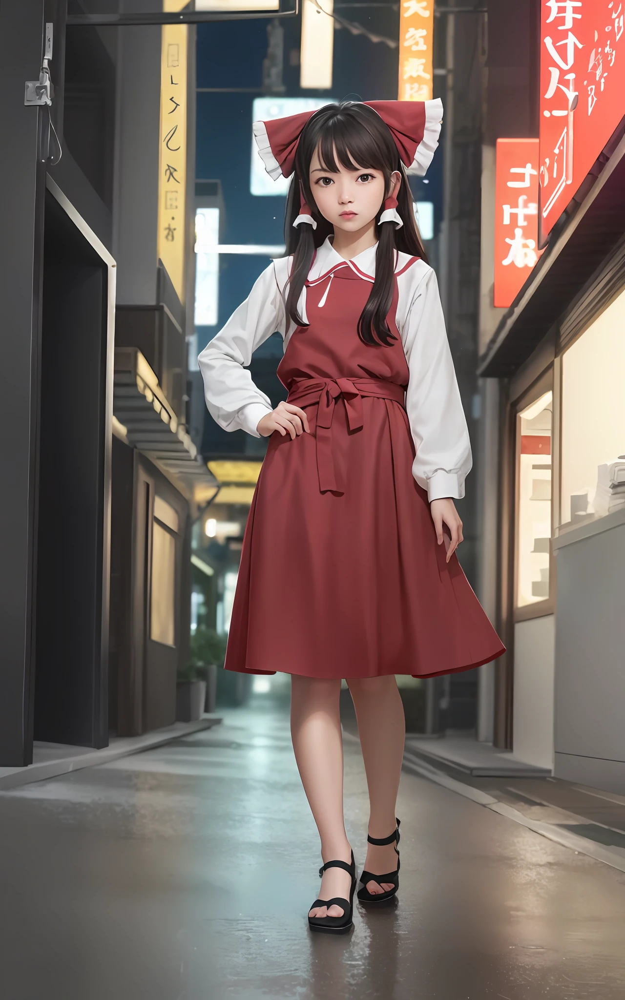 (masterpiece, best quality, ultra-detailed, highres:1.2), cinematic, cgi, photorealistic, 
1girl, pretty, idol, (Hakurei Reimu:1.25), blush, natural skin texture, brown eyes, 
intricate eyes, heavy eye makeup, posture, fighting, danmaku, magic, stylish clothes, dress, 
highly detailed background, cyberpunk, city, street, night, stars, modern, futuristic, neon lights,