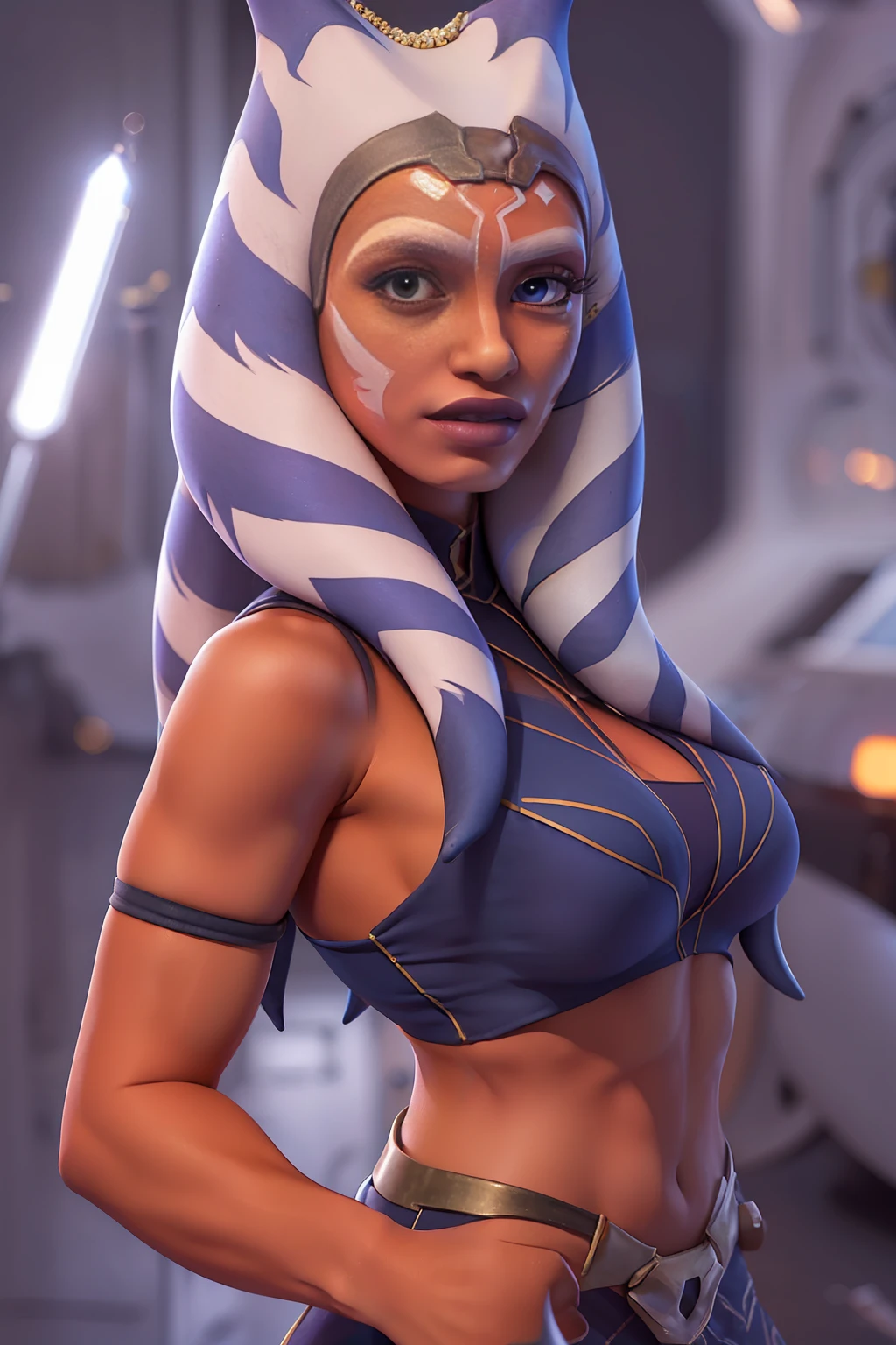 Ahsoka Tano, (fotorrealista, Highresolution: 1.4), ((olhos inchados)), olhando para o espectador, , corpo inteiro (8k, Foto RAW, melhor qualidade, obra-prima: 1.2), (realista, realista: 1.37), (sharp-focus: 1.2), Professional  lighting, photons mapping, radiosidade, physics-based render, (pele laranja: 1.2), (seios pequenos: 1.2), olhando para o espectador, retrato, olhos azuis, (background inside spacecraft: 1.4),  somente, parte superior do corpo, realista, (obra-prima: 1.4), (melhor qualidade: 1.4), (pele brilhante), sorrindo (magro, boca fechada, focada: 1.3), (On her feet: 1.1), medium bust, pose de luta,