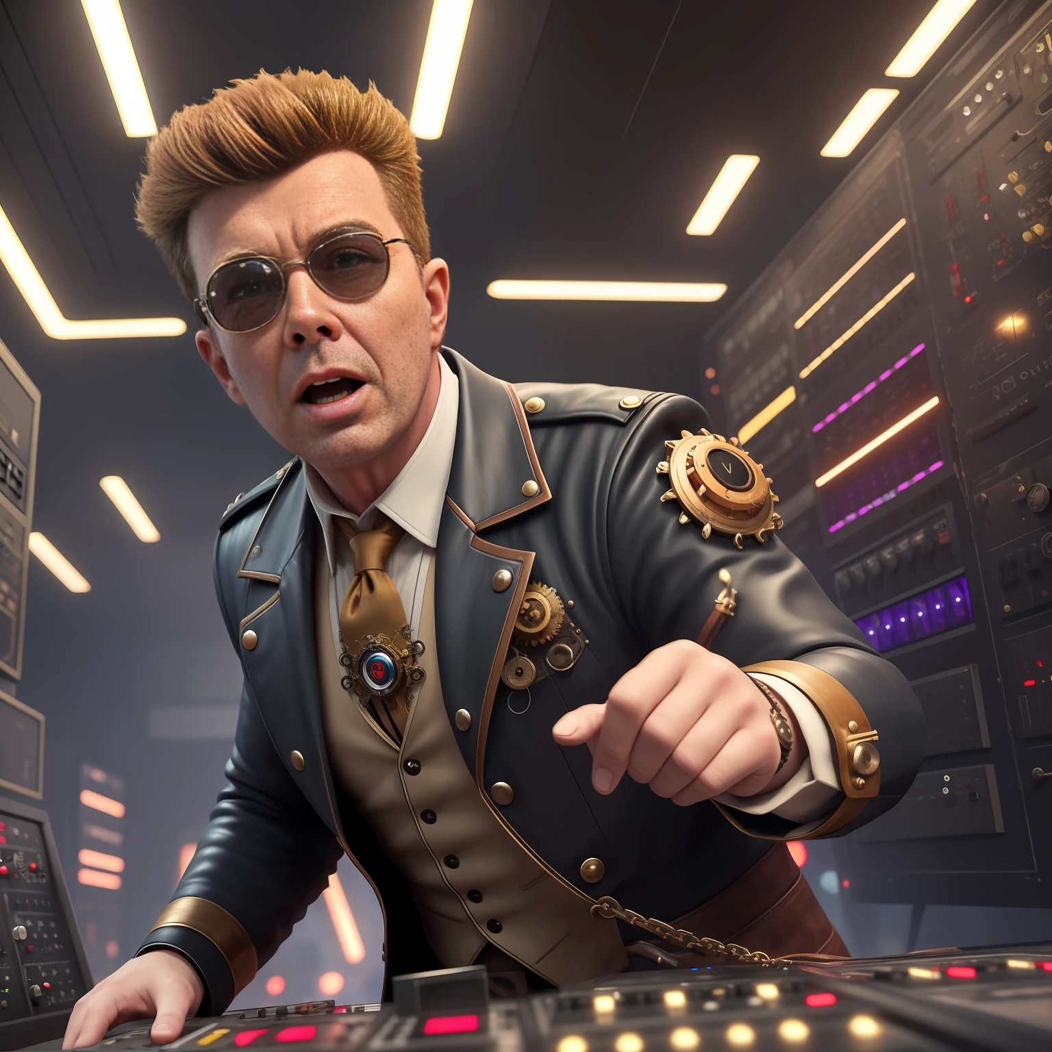 Movie still, Rick astley with face close to camera sat at a steampunk control panel in a steampunk room singing loudly at the camera in close focus with his hand pressing a large red button on the control panel. Epic details, awesome, 8K, unreal engine. Cinematic lighting
