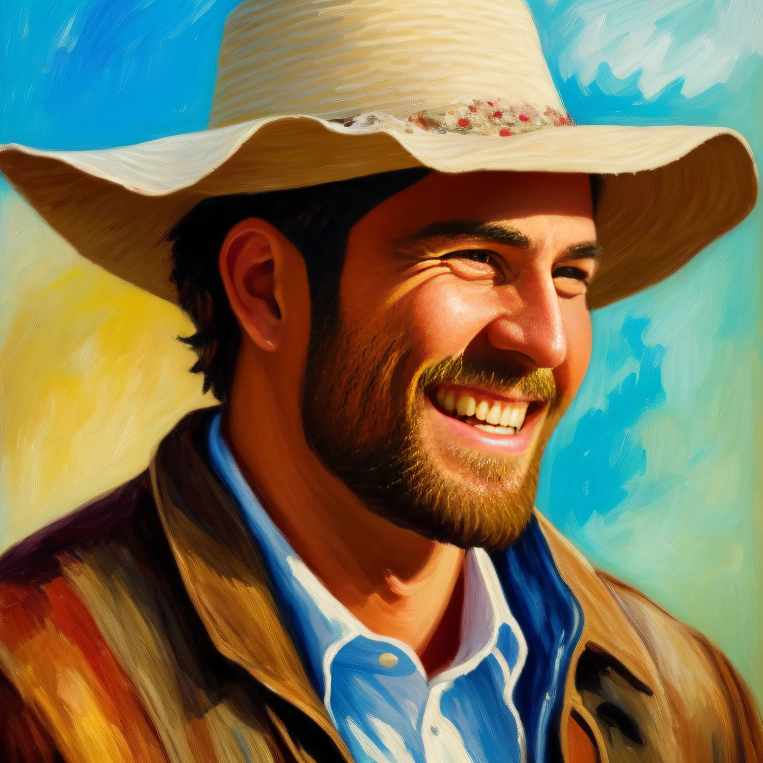 Paint for me a smiling country man with a hollowed straw hat and patched, torn clothes, This man is on a horse. Pintura no estilo: "Impressionism". Cores em 8K. Pinte com cores vibrantes e bem definidas, but in a way that recognizes the character easily and reveals the perfection of the character's facial expression.