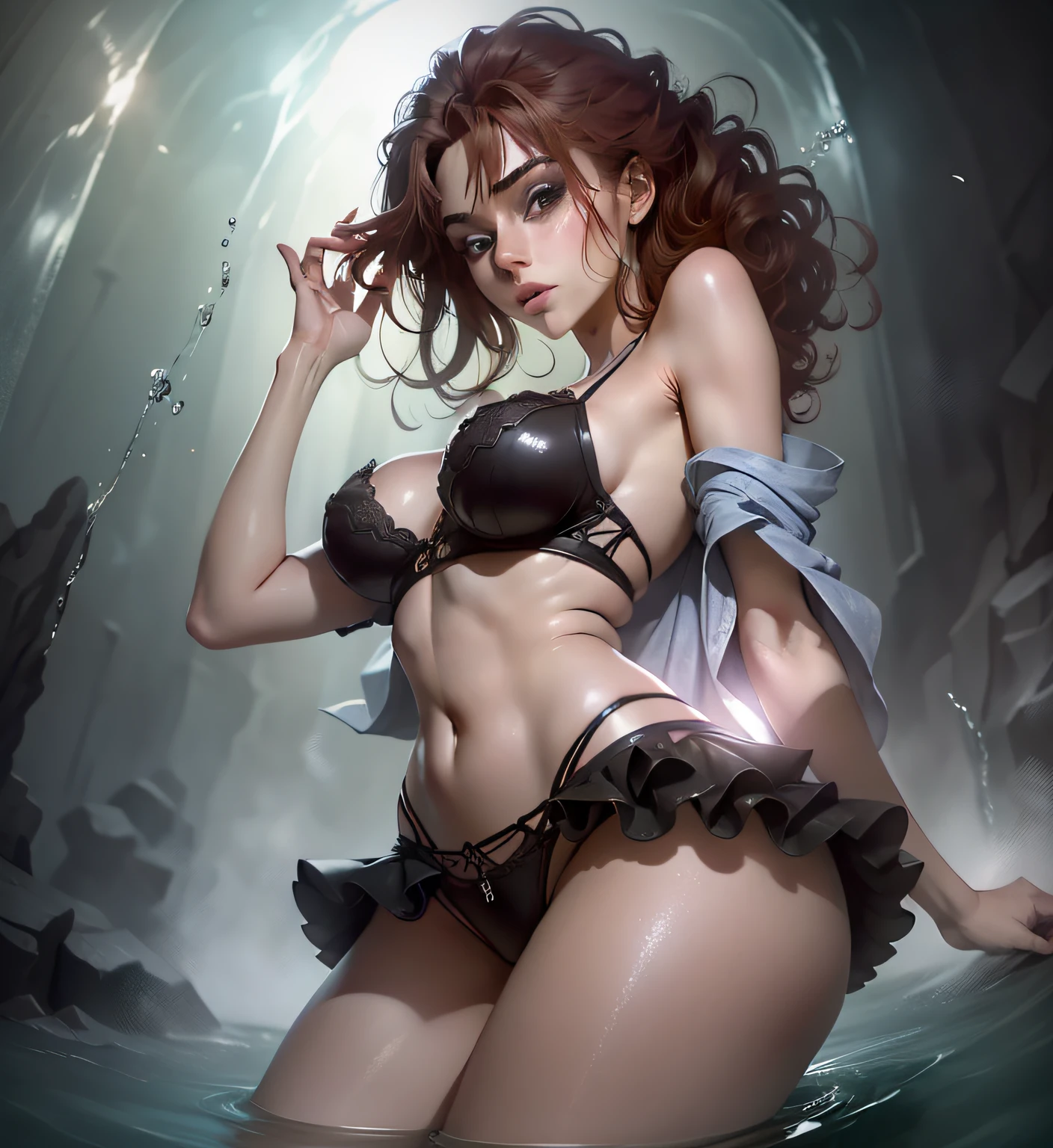 view from below, Surreal waist up portrait shot of a 22 year old brunette German girl dressed in a hot dessous, very high detail, intricate skin details, beautiful intricate eyes, highly detailed beautiful iris, d cup, sexy , pond of water, waterfall and pond, beautiful girl vikini transparent, skin wet with water, professional, hd , 8K, studio lighting, dynamic pose, beautiful girl seductive pose, twist, camera from below, pentax ultra wide angle camera, sports , realistic, looking at the camera, bokeh, braid, camera from below, normal angle of view