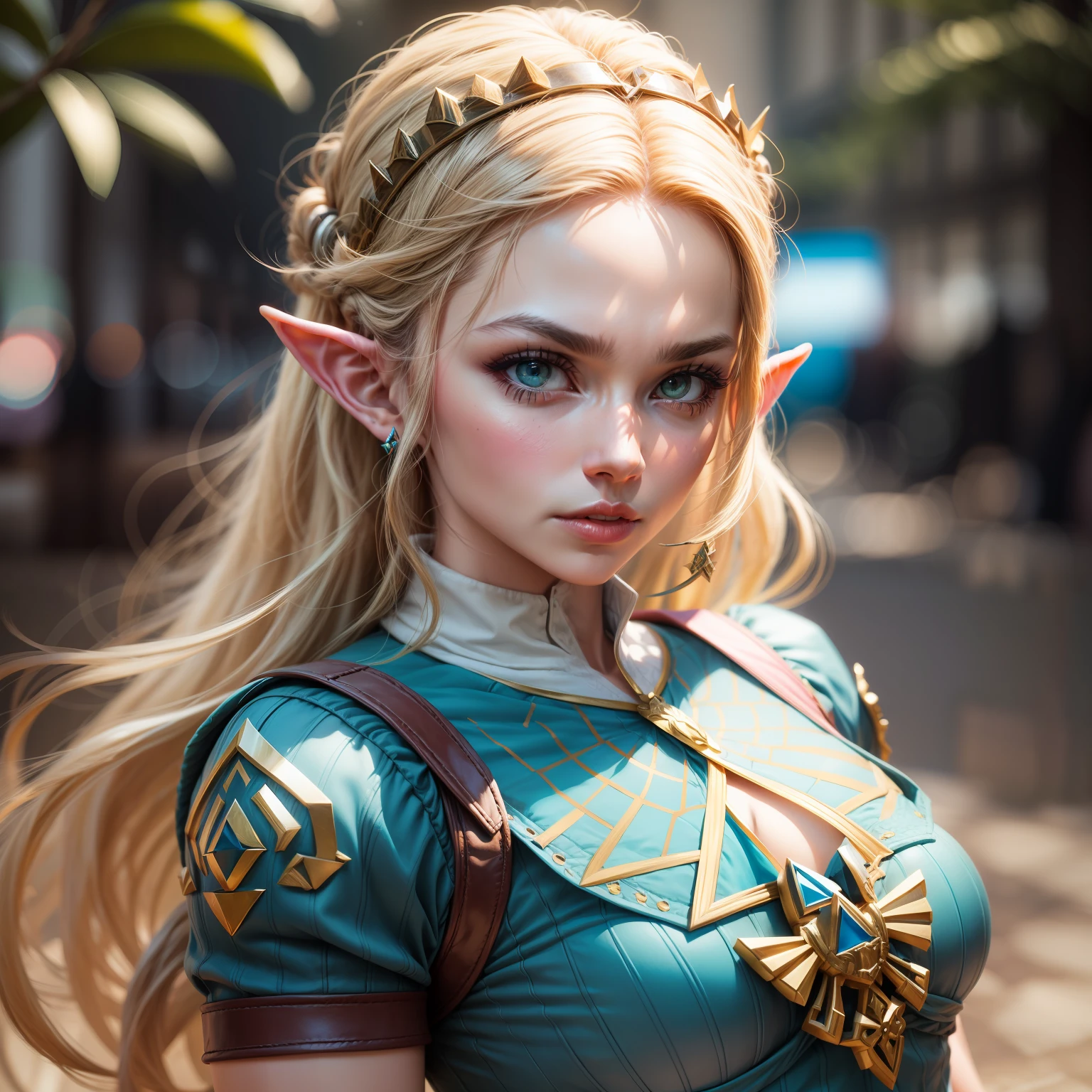 Mulher de cabelos loiros em roupa azul e bege segurando em poses de combate como em street fighter, Zelda, Retrato de Zelda, de lenda de Zelda, Link da lenda de Zelda, link do Zelda, Fotos cosplay, Cosplay ornamentado, Cosplay profissional, Cosplay, Cosplay Completo, Artgerm Moody Fotografia, Princesa Zelda, Zelda como Triforce, Hyrule, Anime Garota Cosplay, ray tracing, ray tracing, ray-traced, 4k, 3d-render, extremanente detalhado, alta qualidade, luz e sombra realistas,