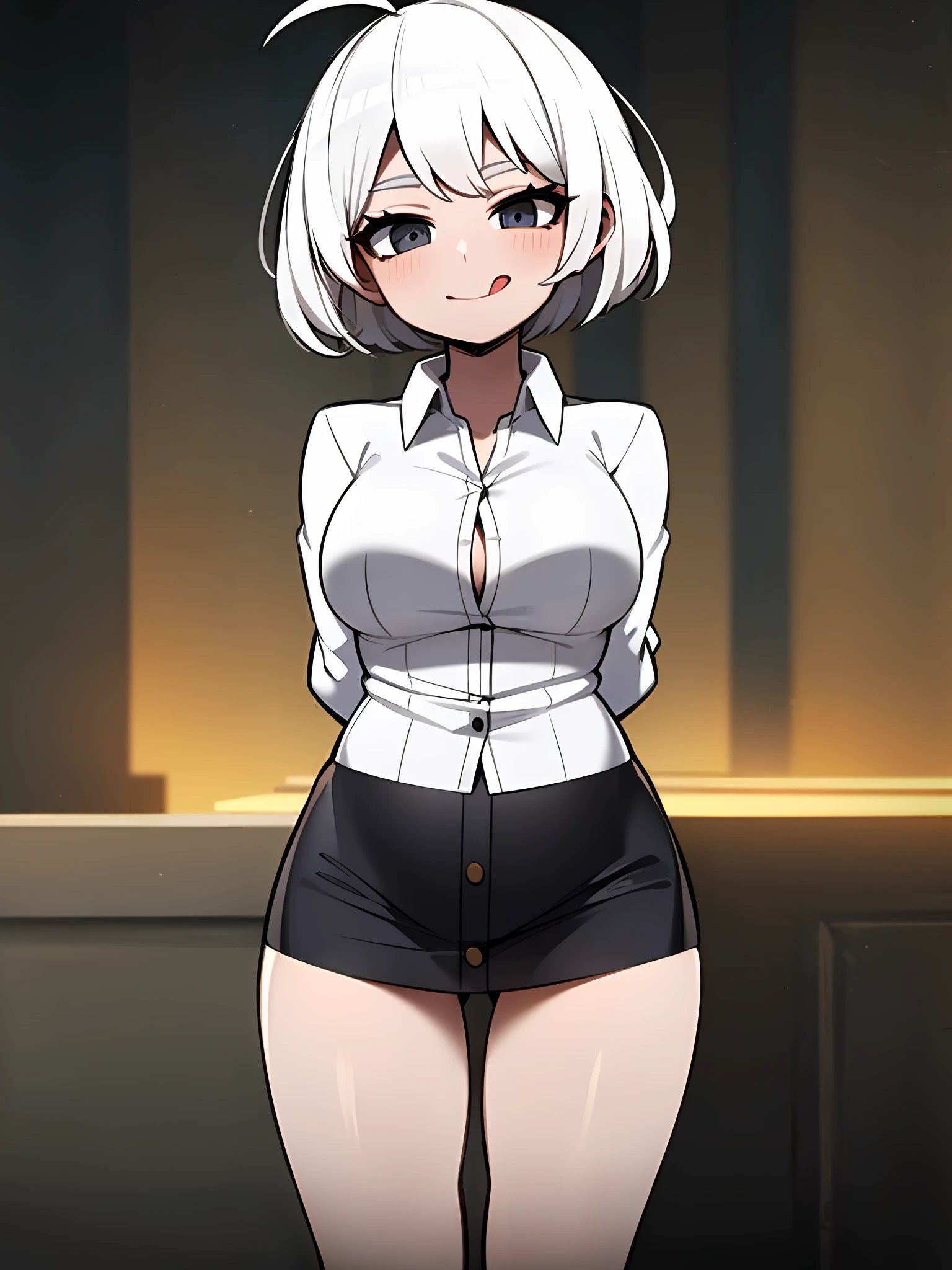 ((masterpiece, best quality)), (1girl), (solo), (female focus), (ahoge, white hair, short hair), black eyes, light smile, tongue out, big breats, big thighs, big ass ((white shirt), (buttoned shirt), (button gap)), ((black skirt), (short skirt)), standing, white background, arms behind back, dynamic angle