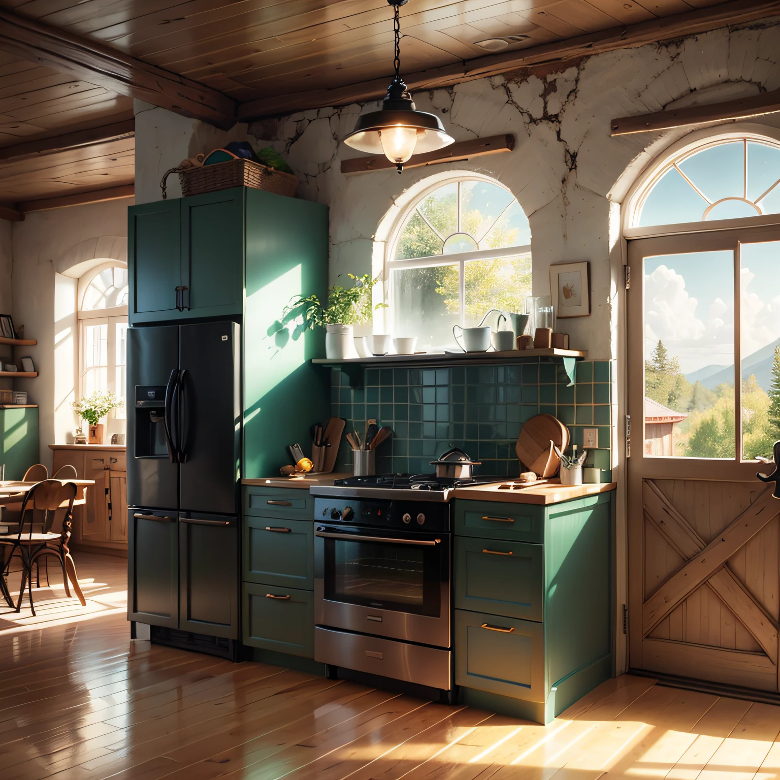 Modern kitchen future in 2050 Cyberpunk Wheel Foot Light Led,electric oven,torneira automatico,wall several glasses appears forest,mesa de metal,seis cadeiras inox,Octane renderizar 3D,RAW photo,8K uhd,dsir,solft lighting,warm light quality,film grain,fujifilmXT3, --auto