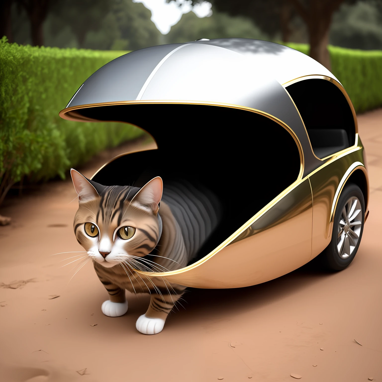 Gato ultra realista ciborgue, armadura de ouro,metalizado,carro futurista,