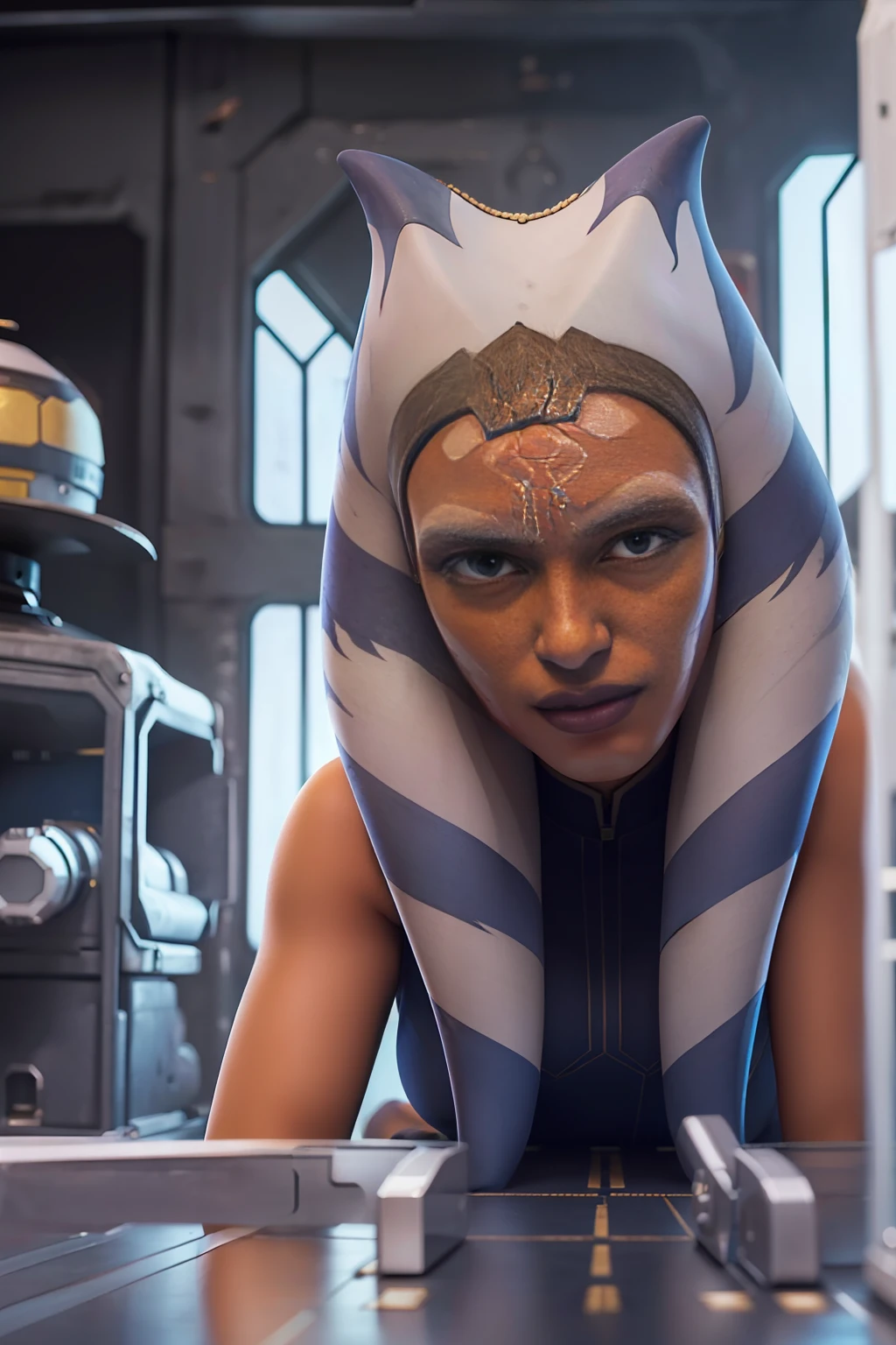 Ahsoka Tano, (fotorrealista, Highresolution: 1.4), ((olhos inchados)), olhando para o espectador, , corpo inteiro (8k, Foto RAW, melhor qualidade, obra-prima: 1.2), (realista, realista: 1.37), (sharp-focus: 1.2), Professional  lighting, photon mapping, radiosidade, physics-based render, (pele laranja: 1.2), (seios pequenos: 1.2), olhando para o espectador, retrato, olhos azuis, (background inside spacecraft: 1.4),  somente, parte superior do corpo, realista, (obra-prima: 1.4), (melhor qualidade: 1.4), (pele brilhante), Serious (magro, boca fechada, focada: 1.3), (On her feet: 1.1), medium bust, pose de luta,