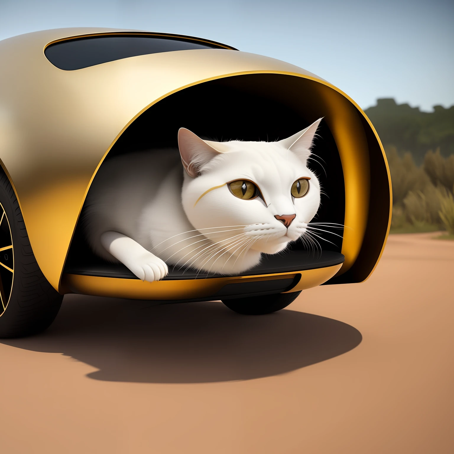 Gato ultra realista ciborgue, armadura de ouro,metalizado,carro futurista,